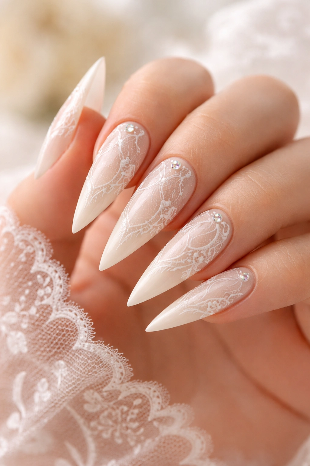 Close-up of ivory lace-inspired nail art on stiletto nails