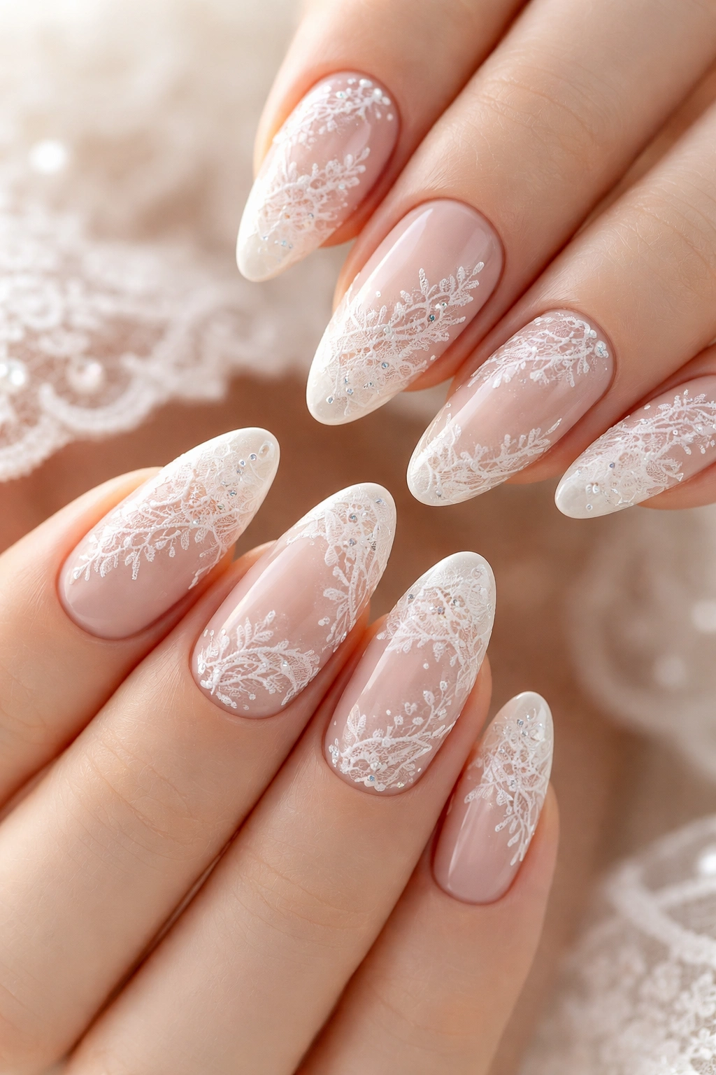 Close-up of hands with nude nails featuring white lace patterns on multiple nails.