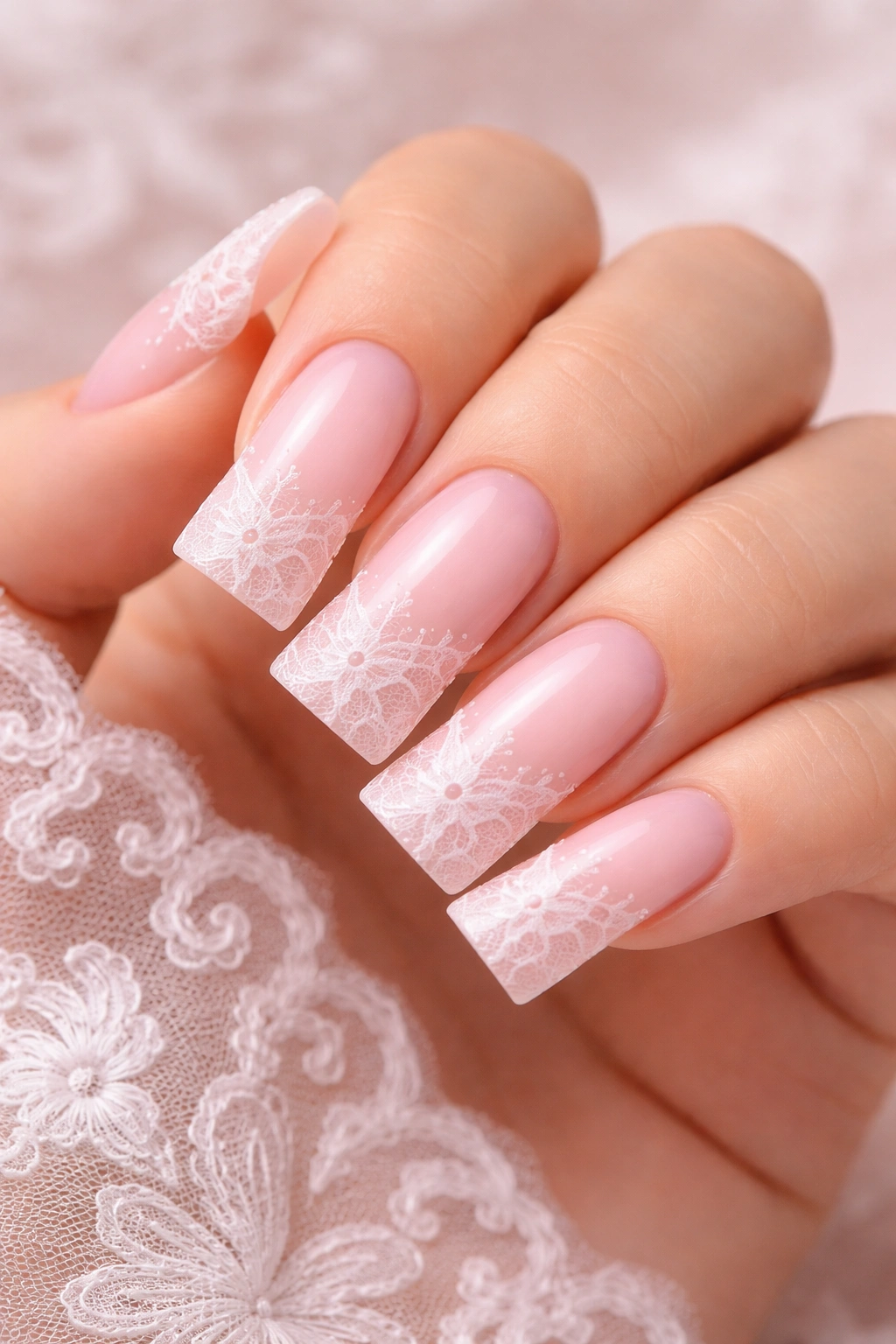 Nails with soft pink base and delicate white lace pattern