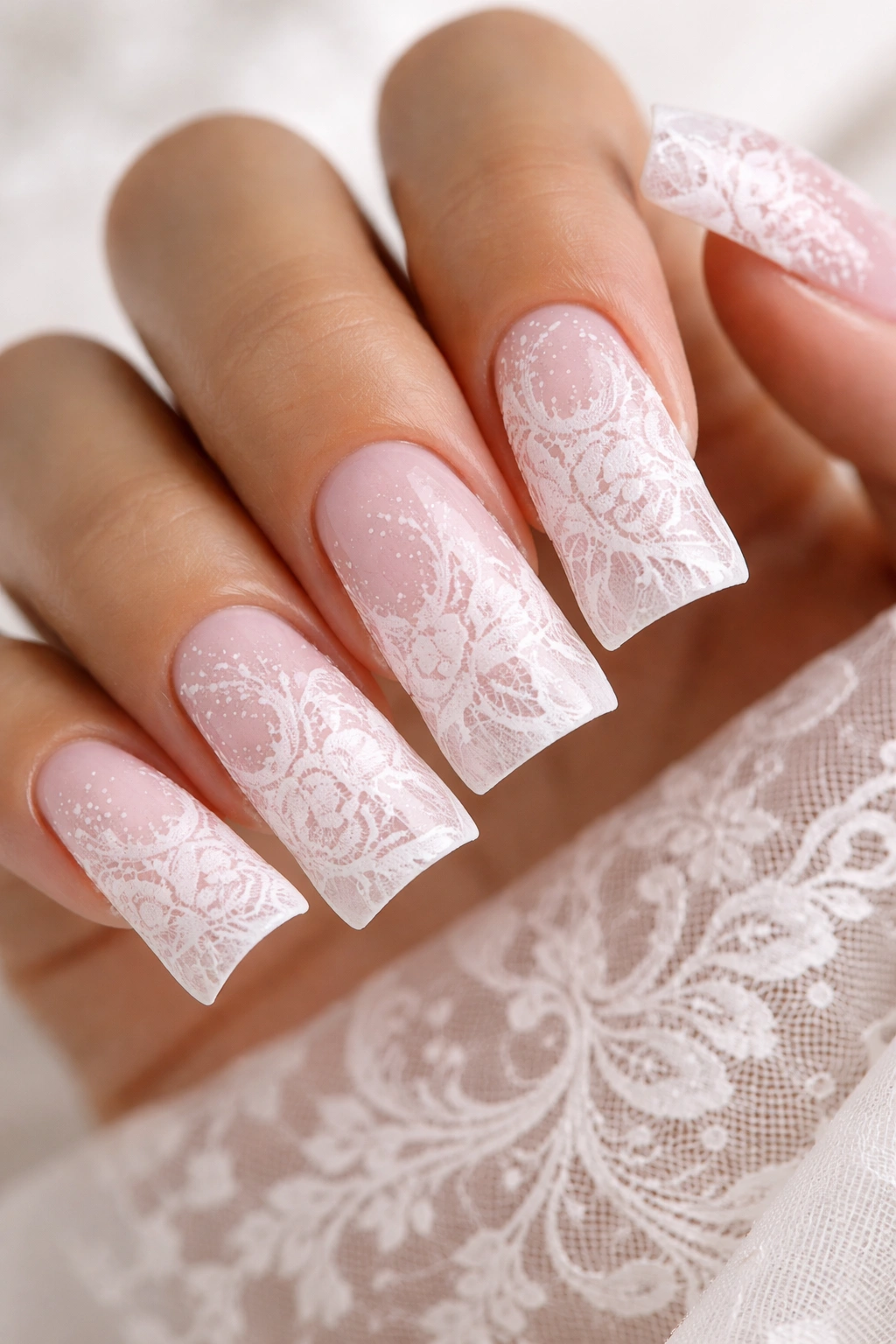 Close-up of soft pink duck nails with white lace overlay in diffused studio light
