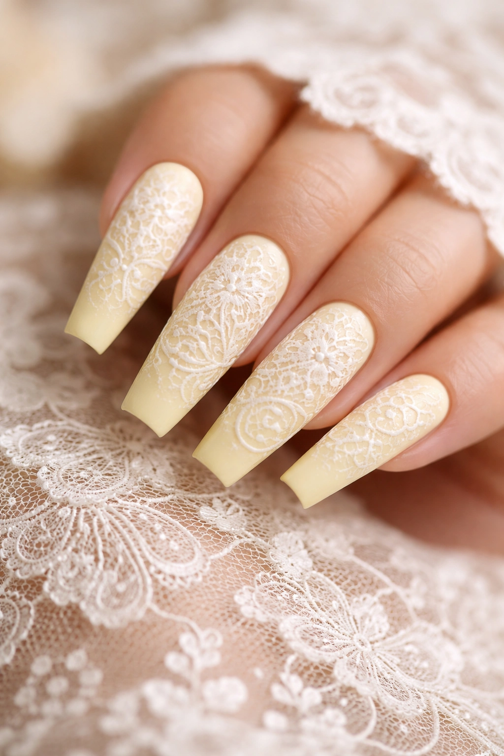 Soft yellow coffin nails with white lace overlay