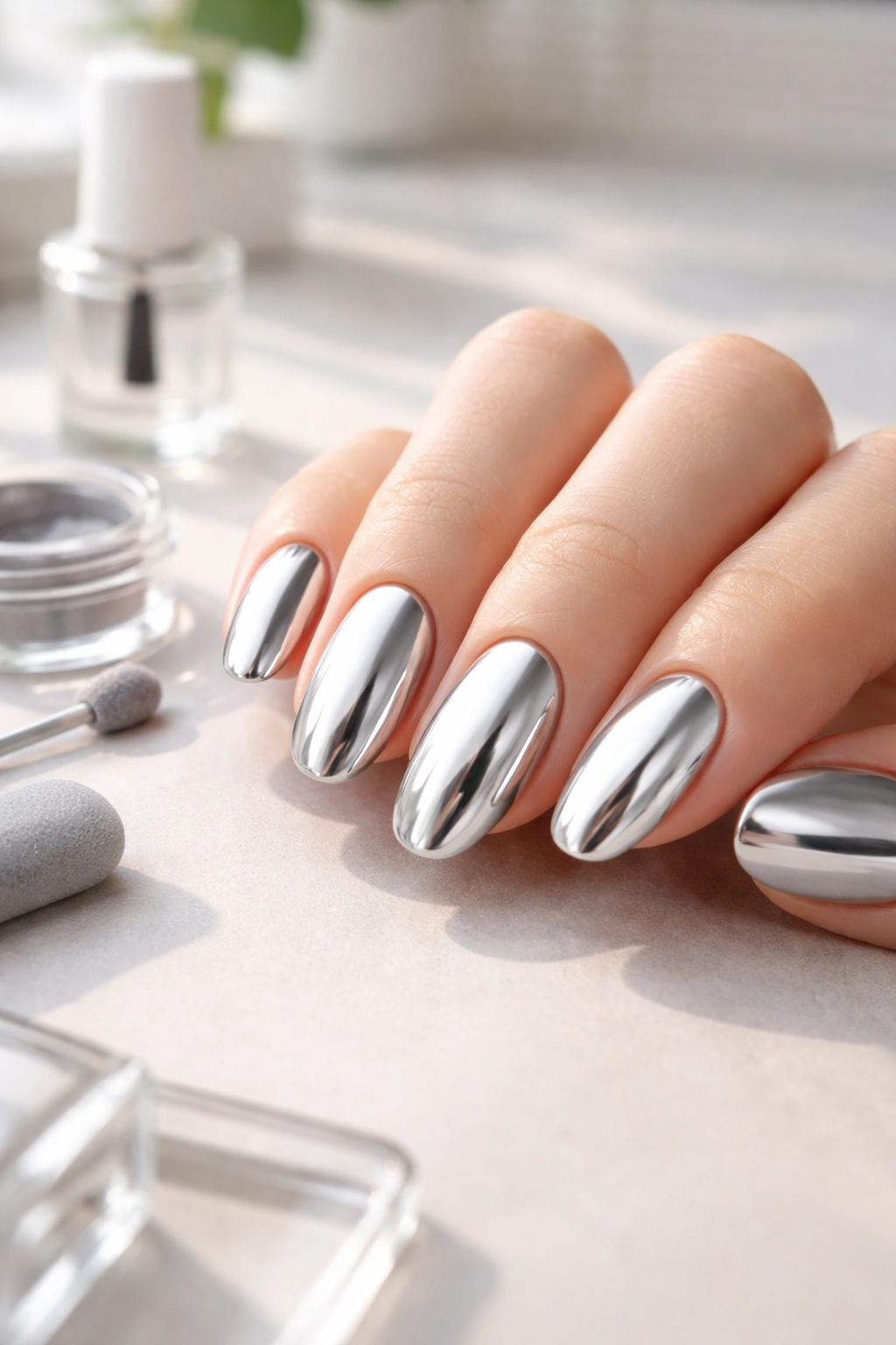 Close-up of lamp-free chrome nails on a hand with natural lighting