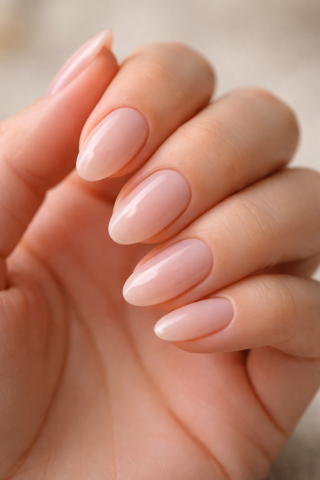 Close-up of almond press-on nails showing neat cuticles and smooth surfaces
