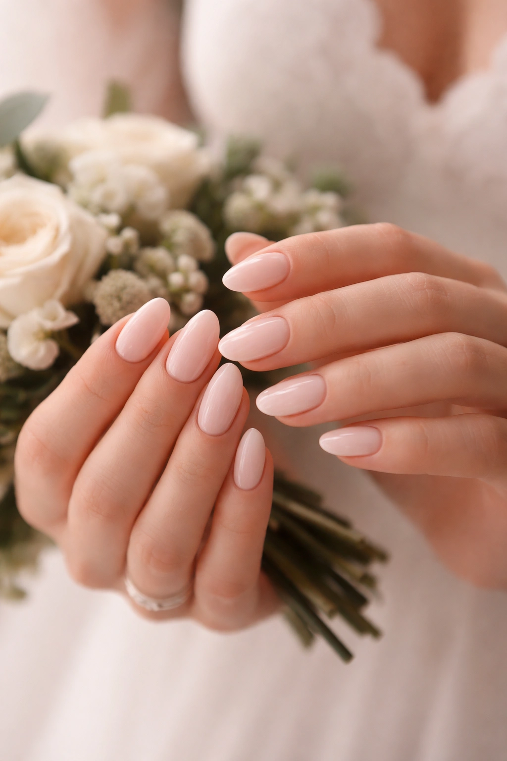 Close-up of gel manicure with sealed edges for long-lasting bridal nails
