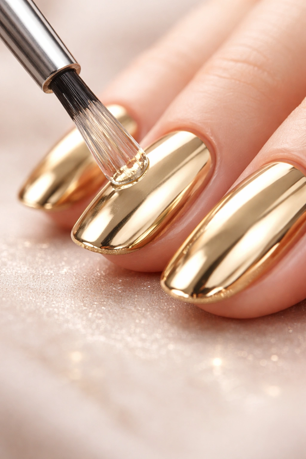 Nail edge sealed with topcoat on chrome manicure
