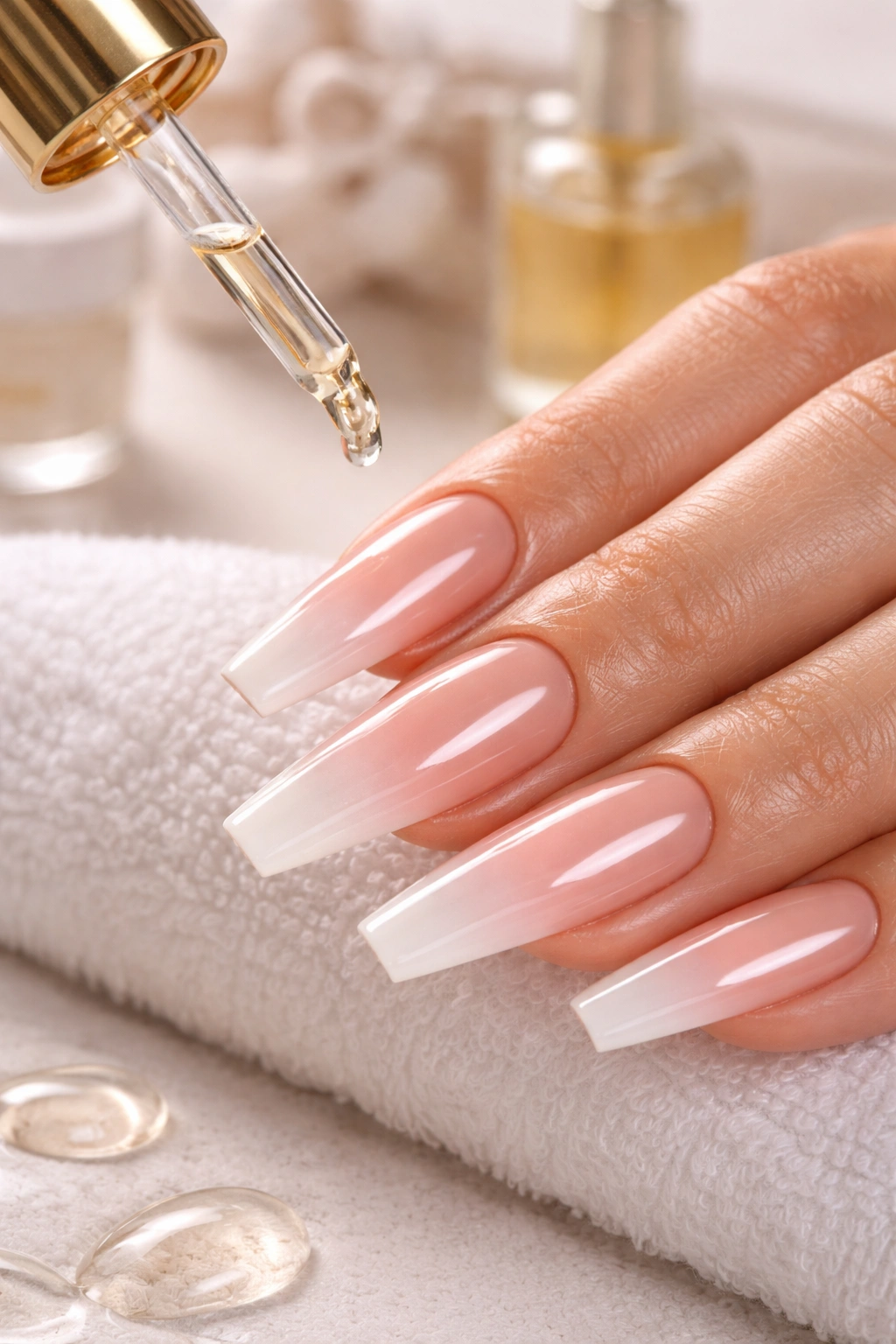 Close-up of glossy coffin nails with top coat.