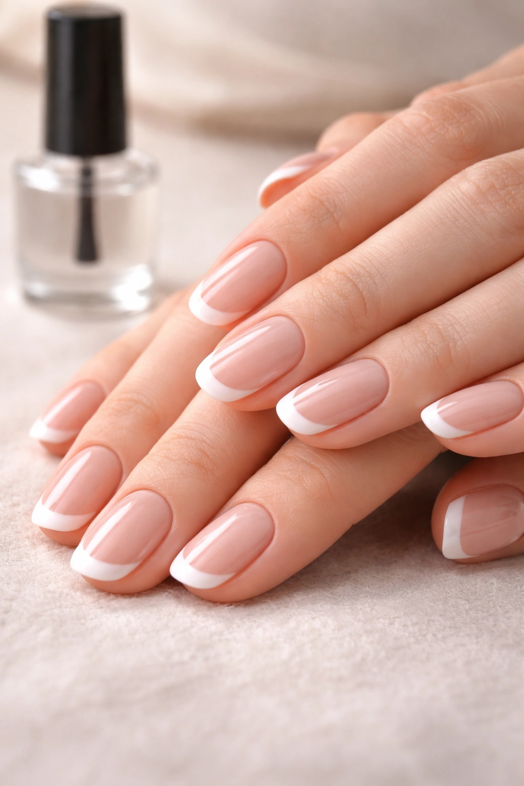 Close-up of hands with classic French manicure and topcoat bottle in background