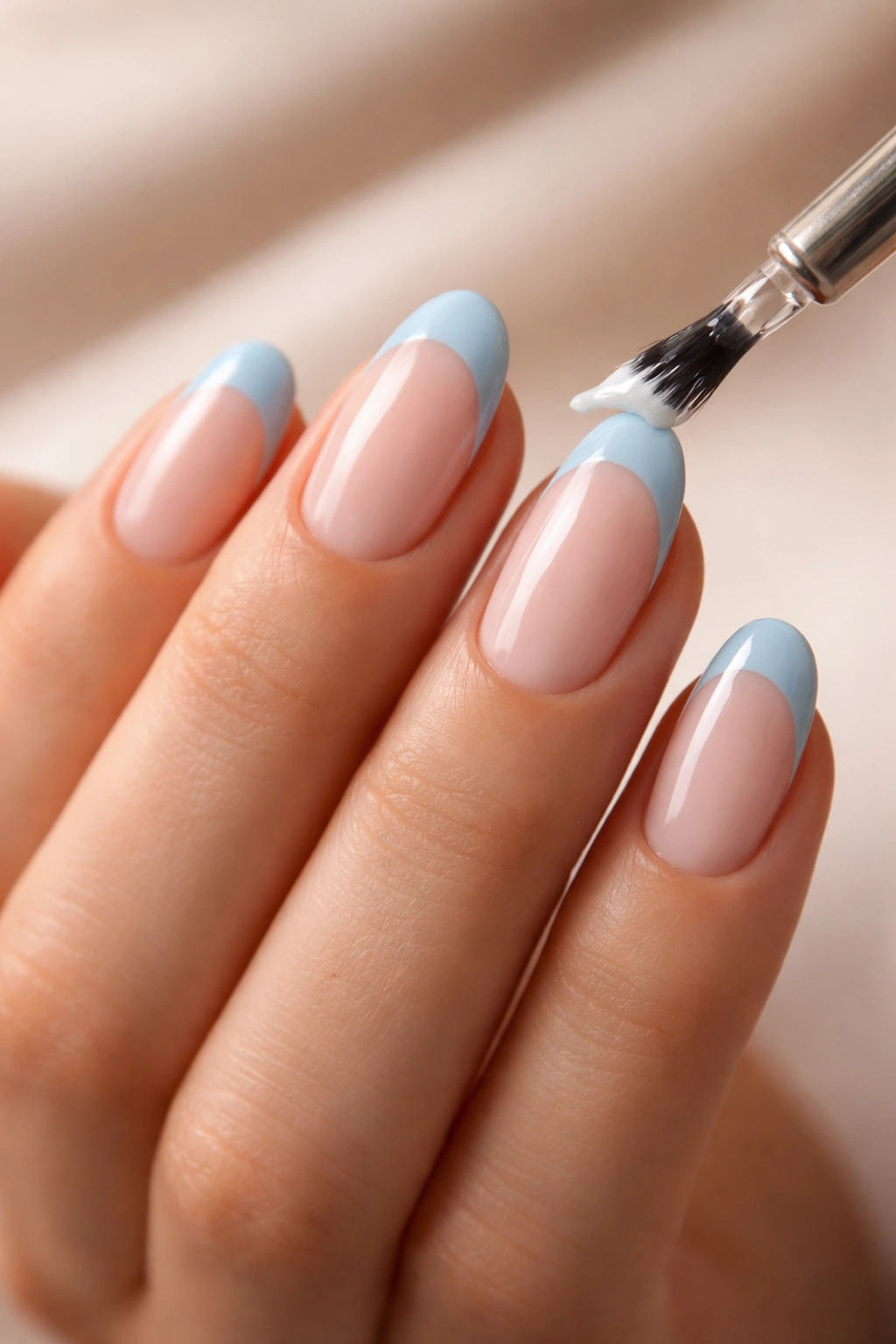 Close-up of almond nails with long-lasting light blue French tips and glossy topcoat