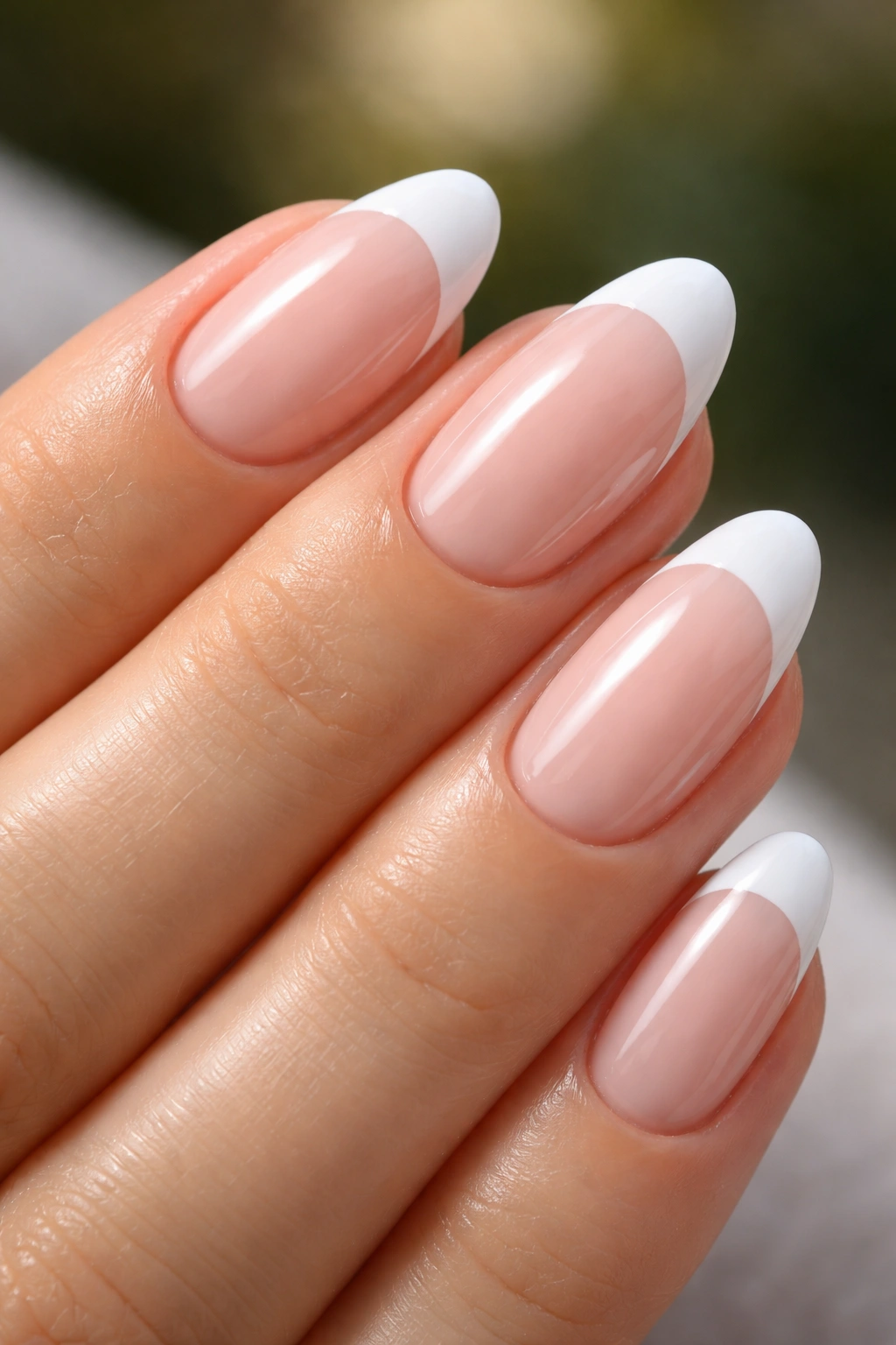 Close-up of nails with glossy top coat and white tips