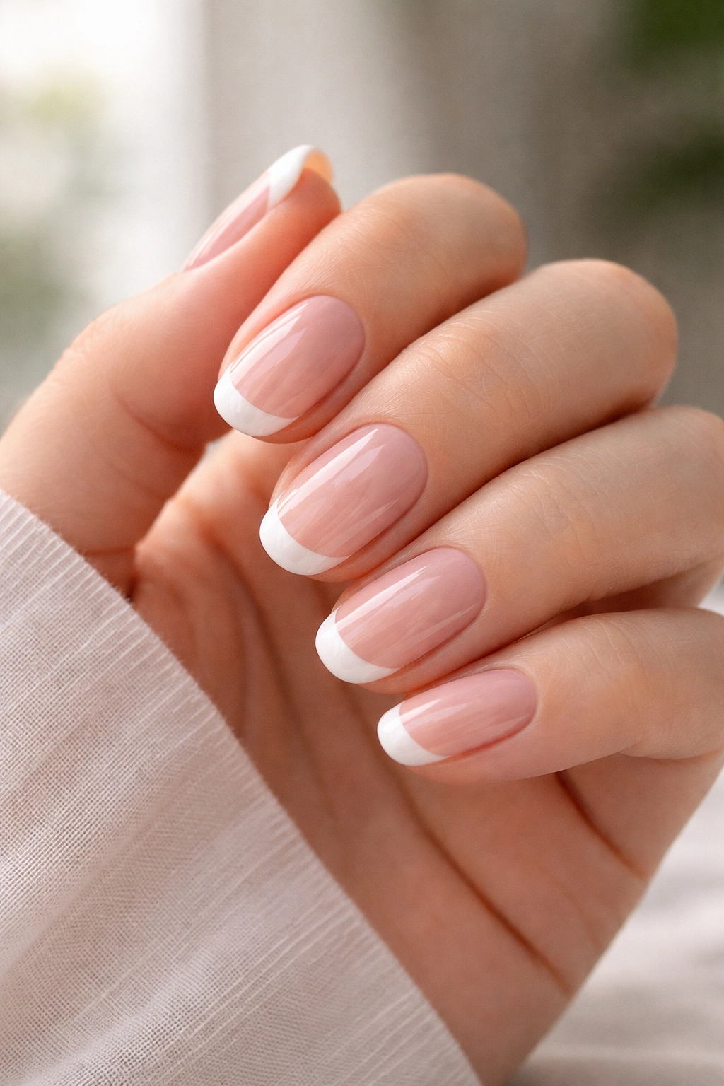 Hand showing long-lasting glossy French manicure on round nails