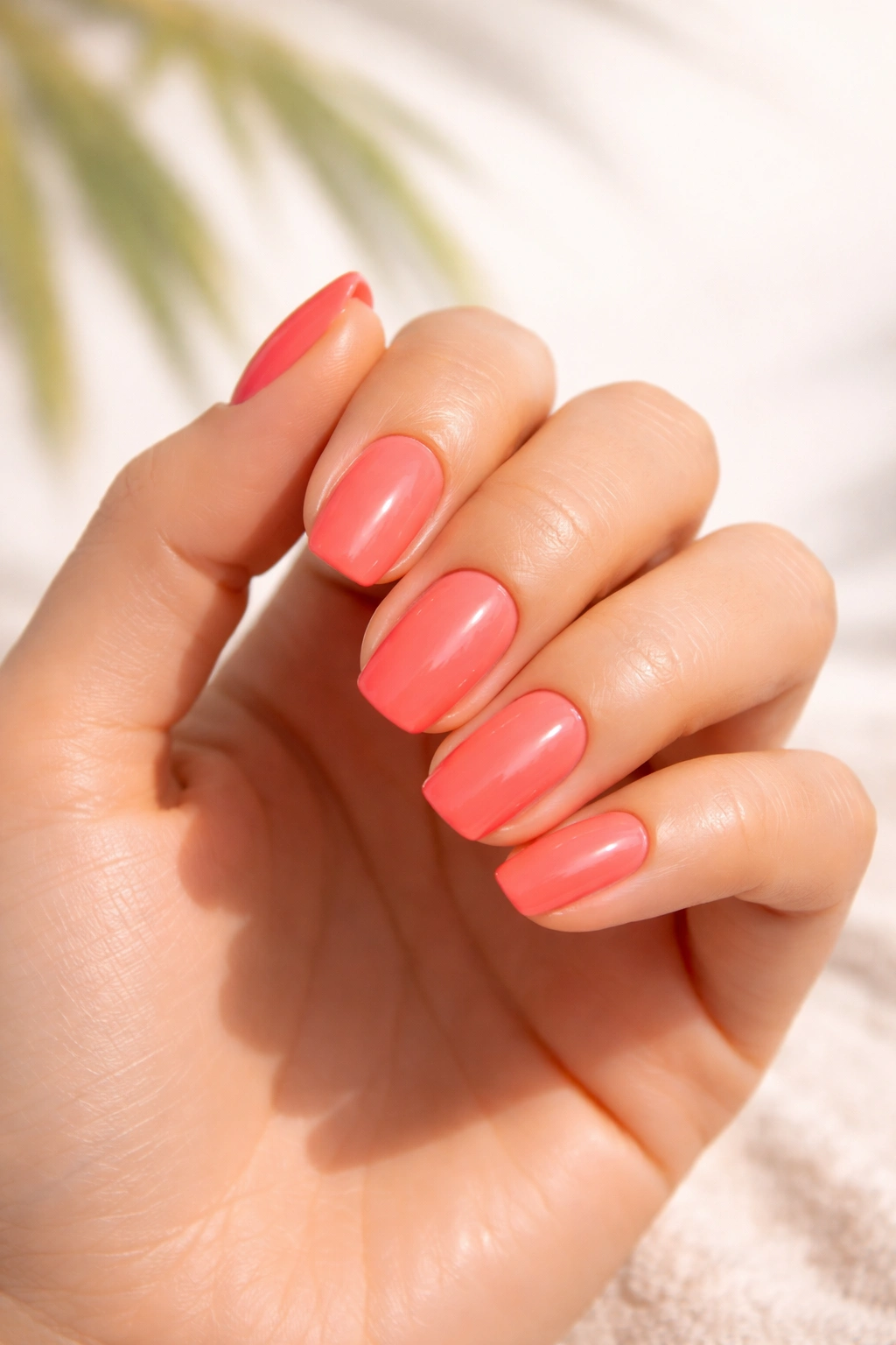 Nails with bright summer color and glossy top coat