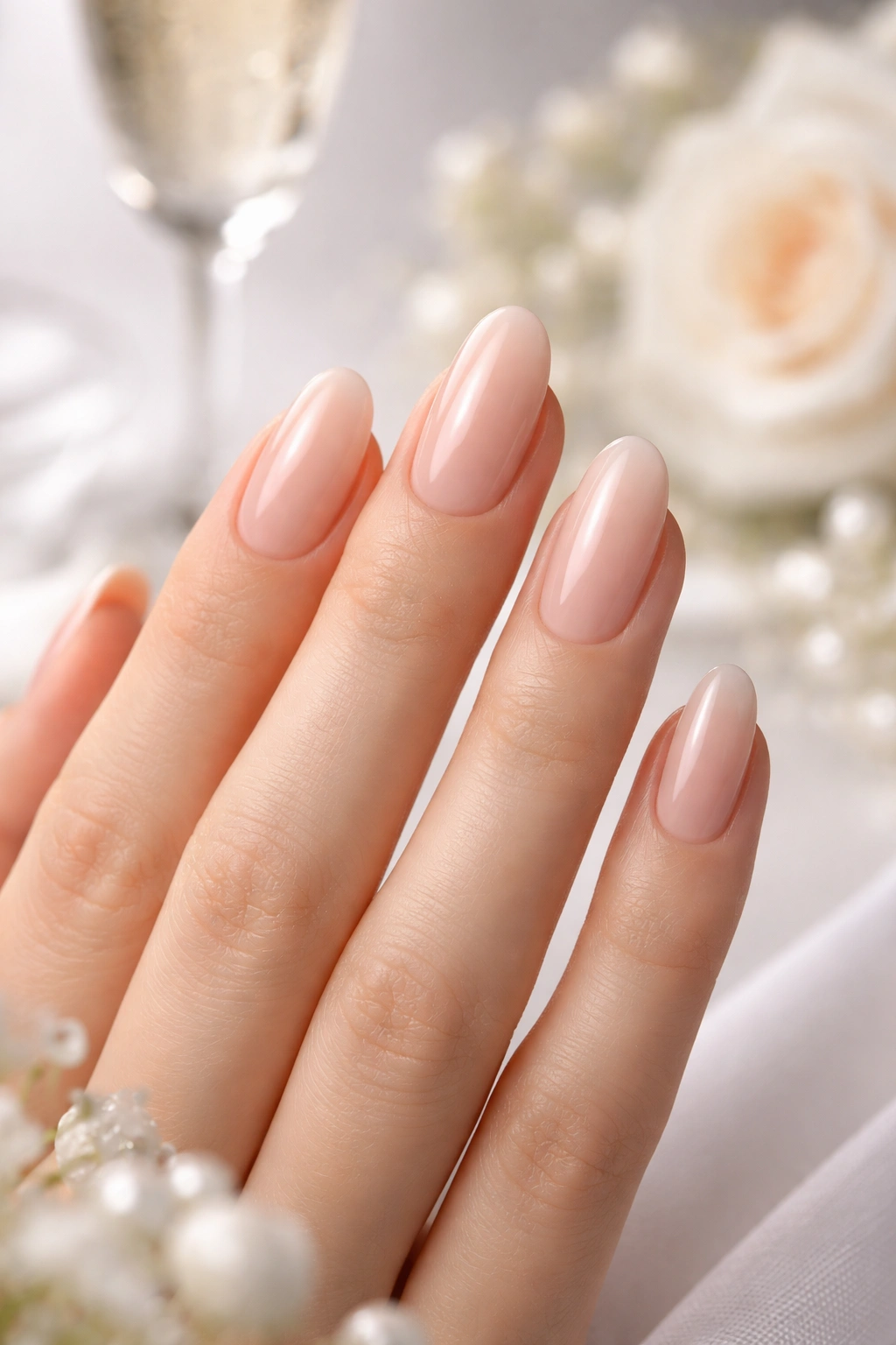 Hand with nails showing glossy topcoat and fresh manicure.