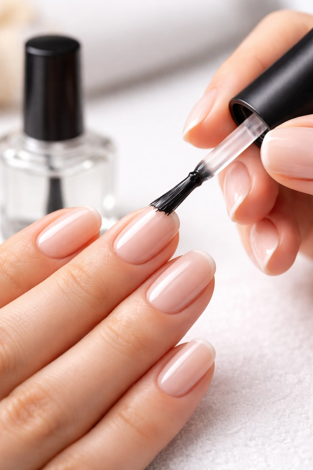 Close-up of hands applying top coat to minimalist nails to extend wear.