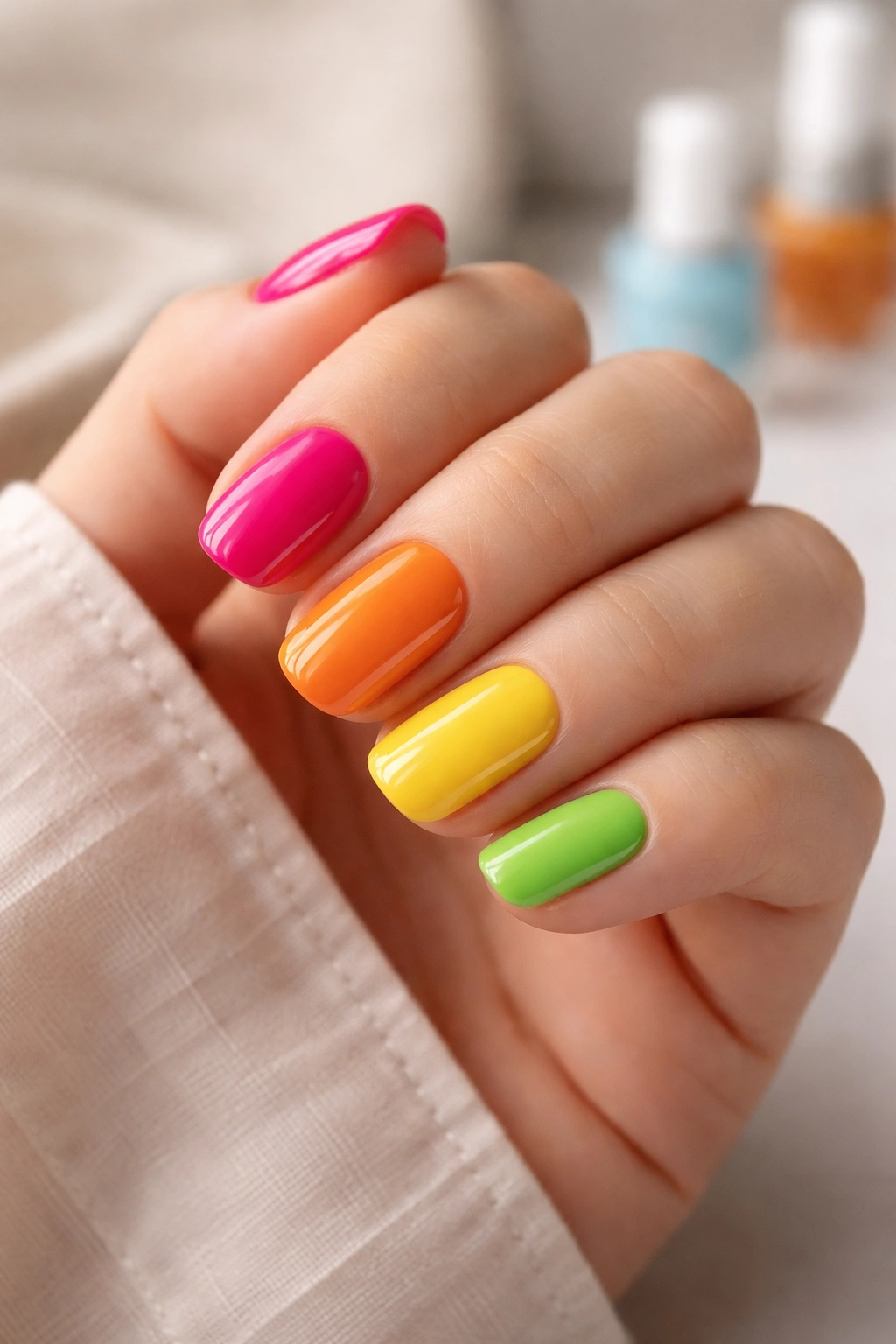 Close-up of short squoval nails with a durable glossy top coat