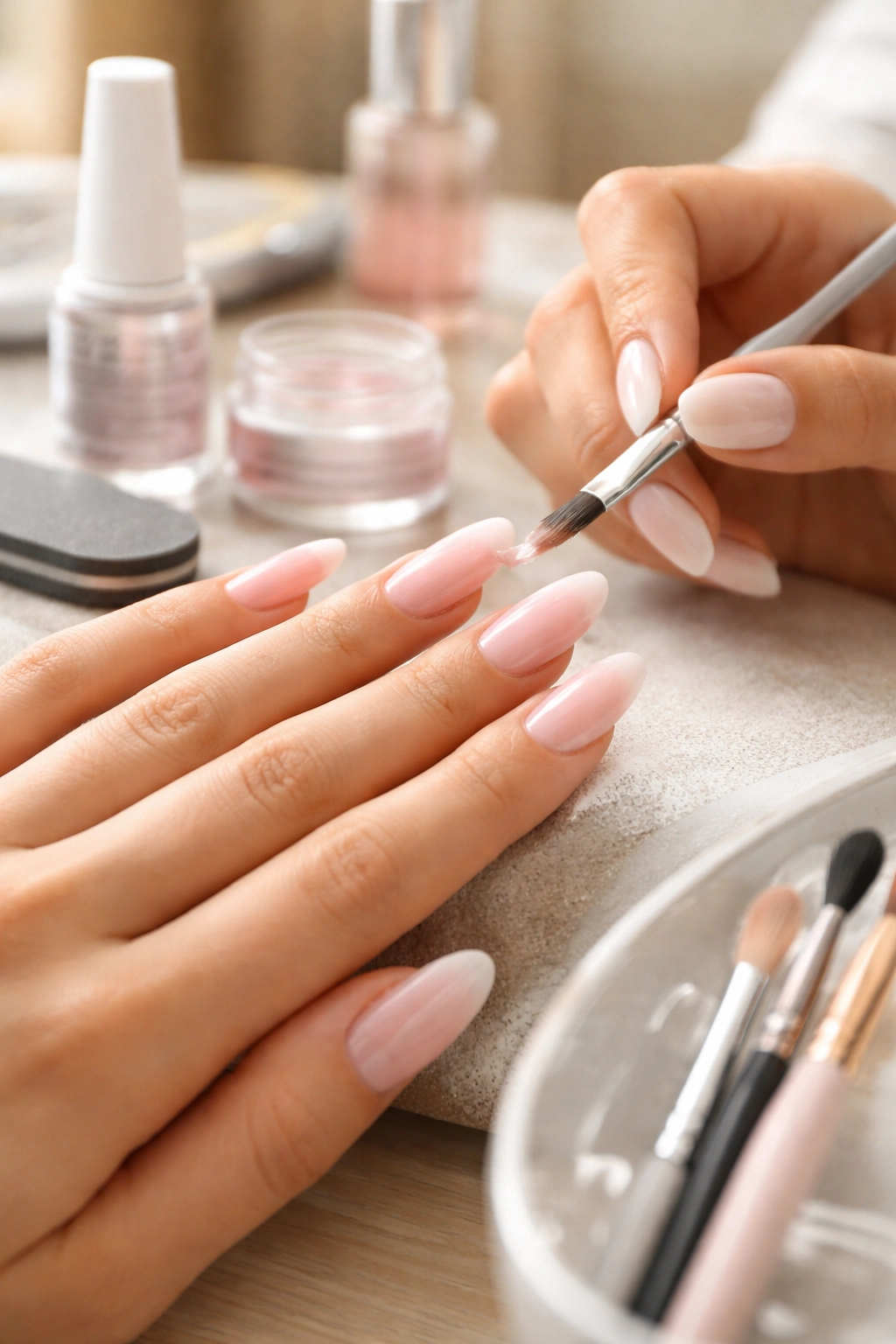 Manicure station with tools and hand showing lasting ballerina nails