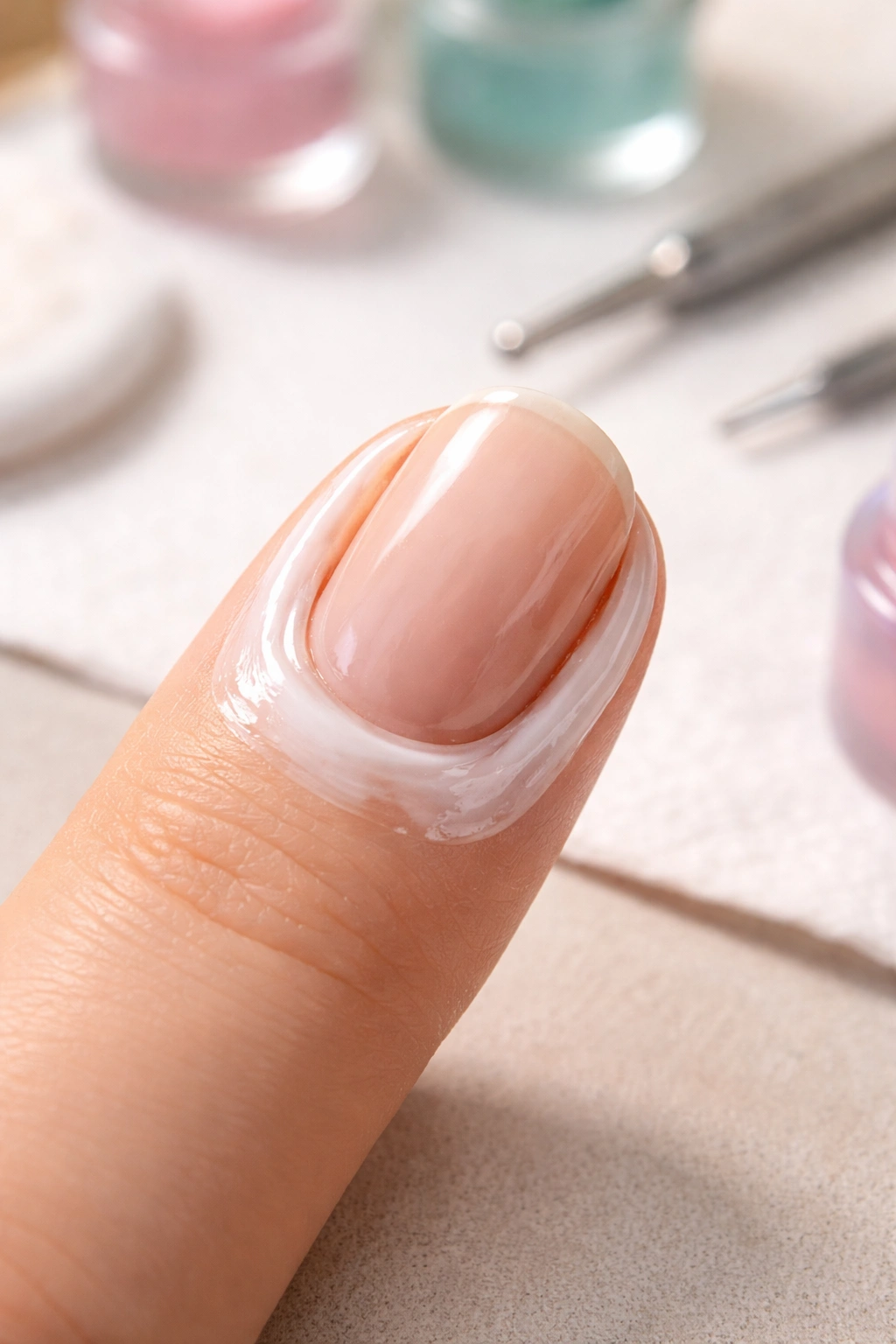 Close-up of latex barrier around nail cuticle protecting skin during cleanup