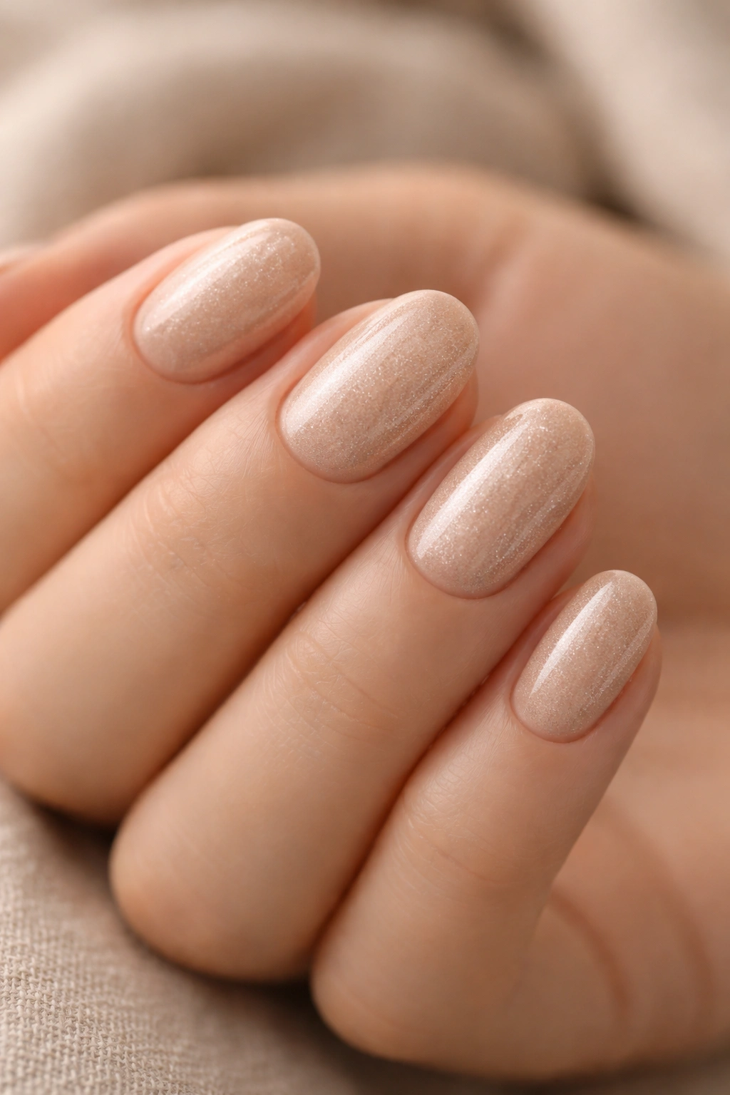 Latte beige short oval nails with champagne shimmer