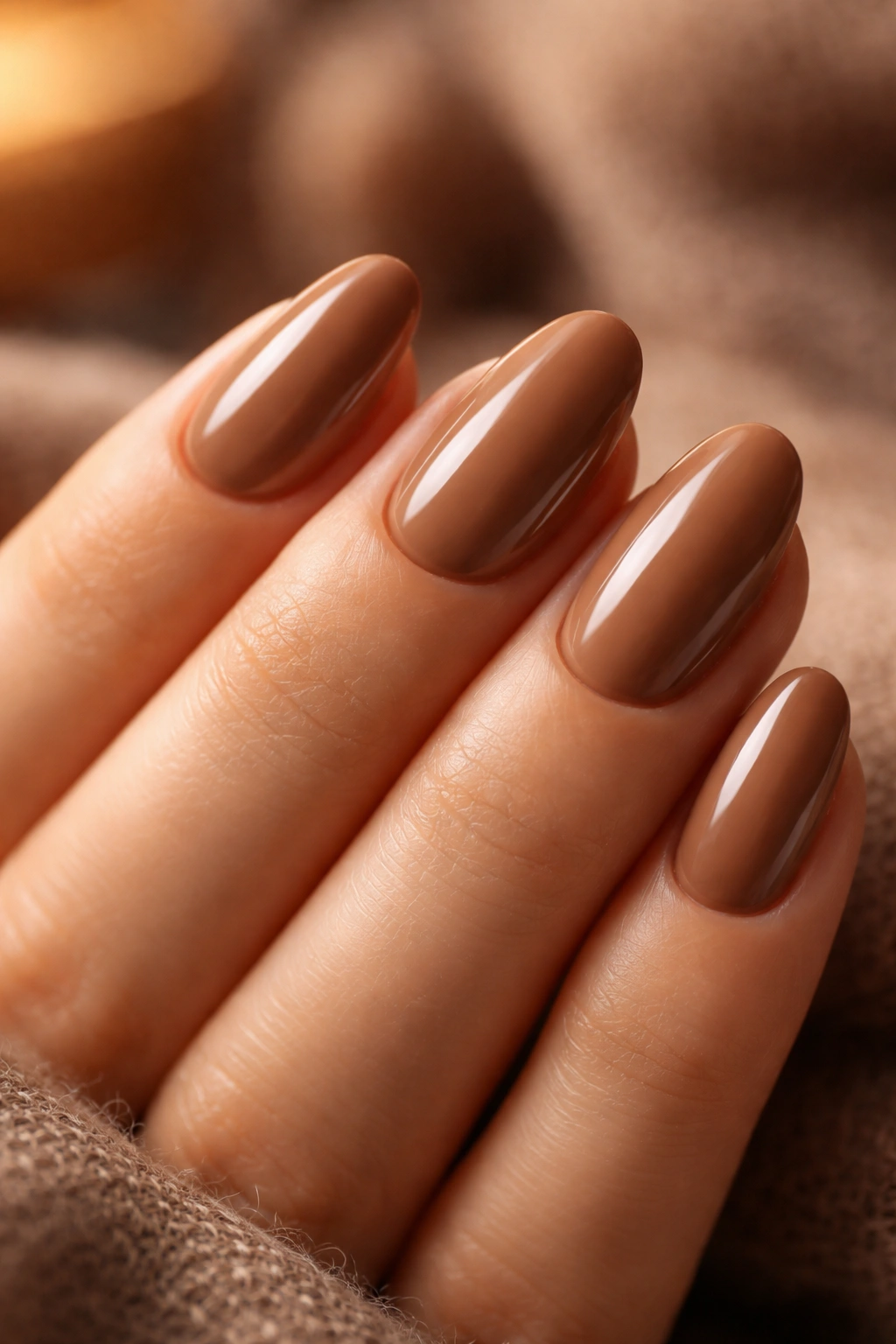 Latte brown almond press-on nails with a glossy finish on extra-short length