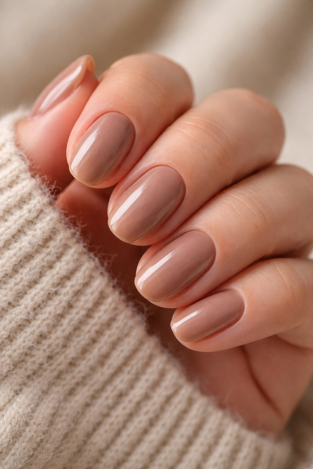 Close-up of short oval latte brown nails with milky sheen on soft beige background