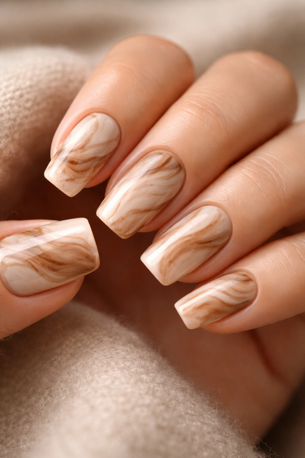 Short coffin nails with cream and espresso latte marble design