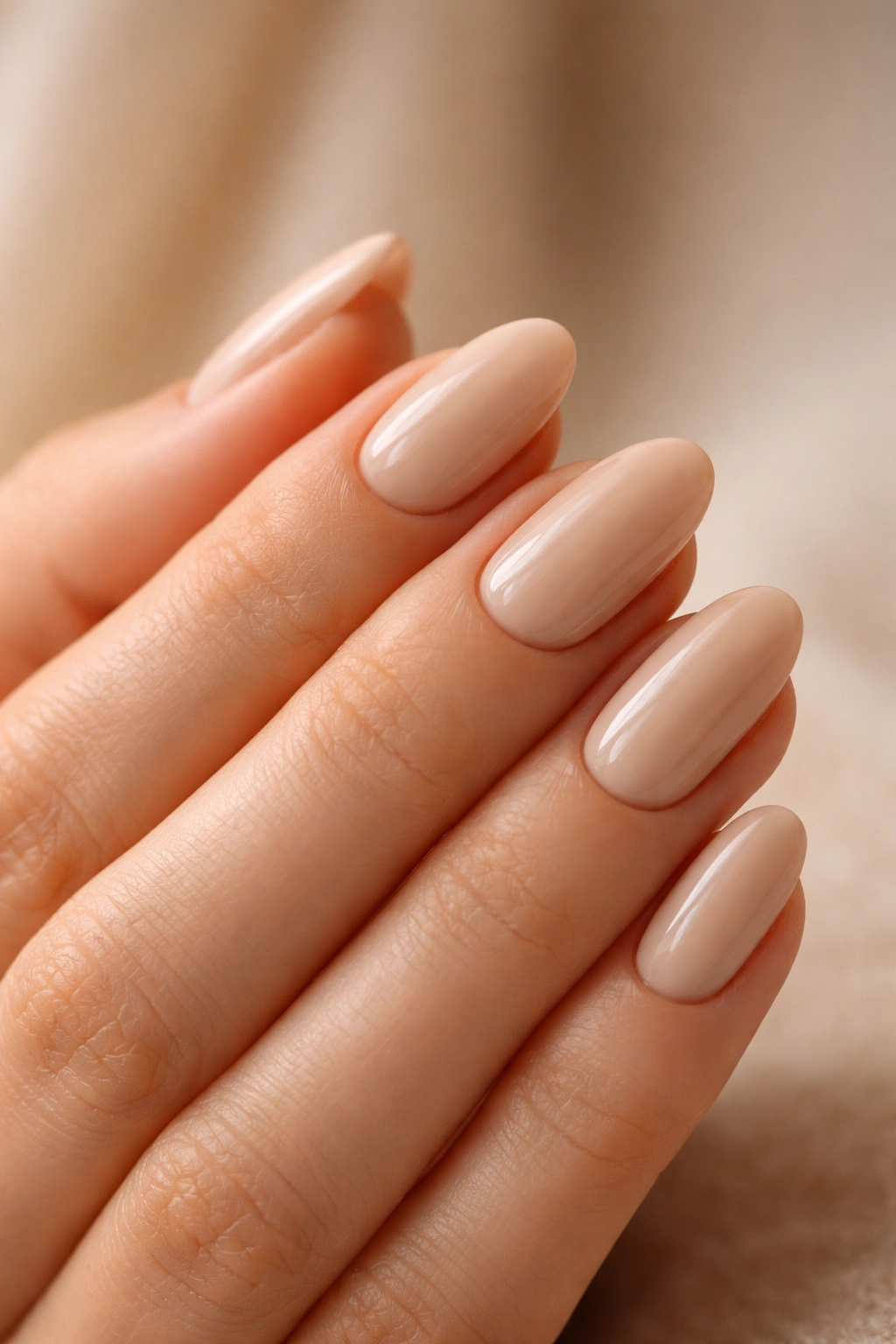 Latte beige short almond nails with a glossy finish on a soft neutral background