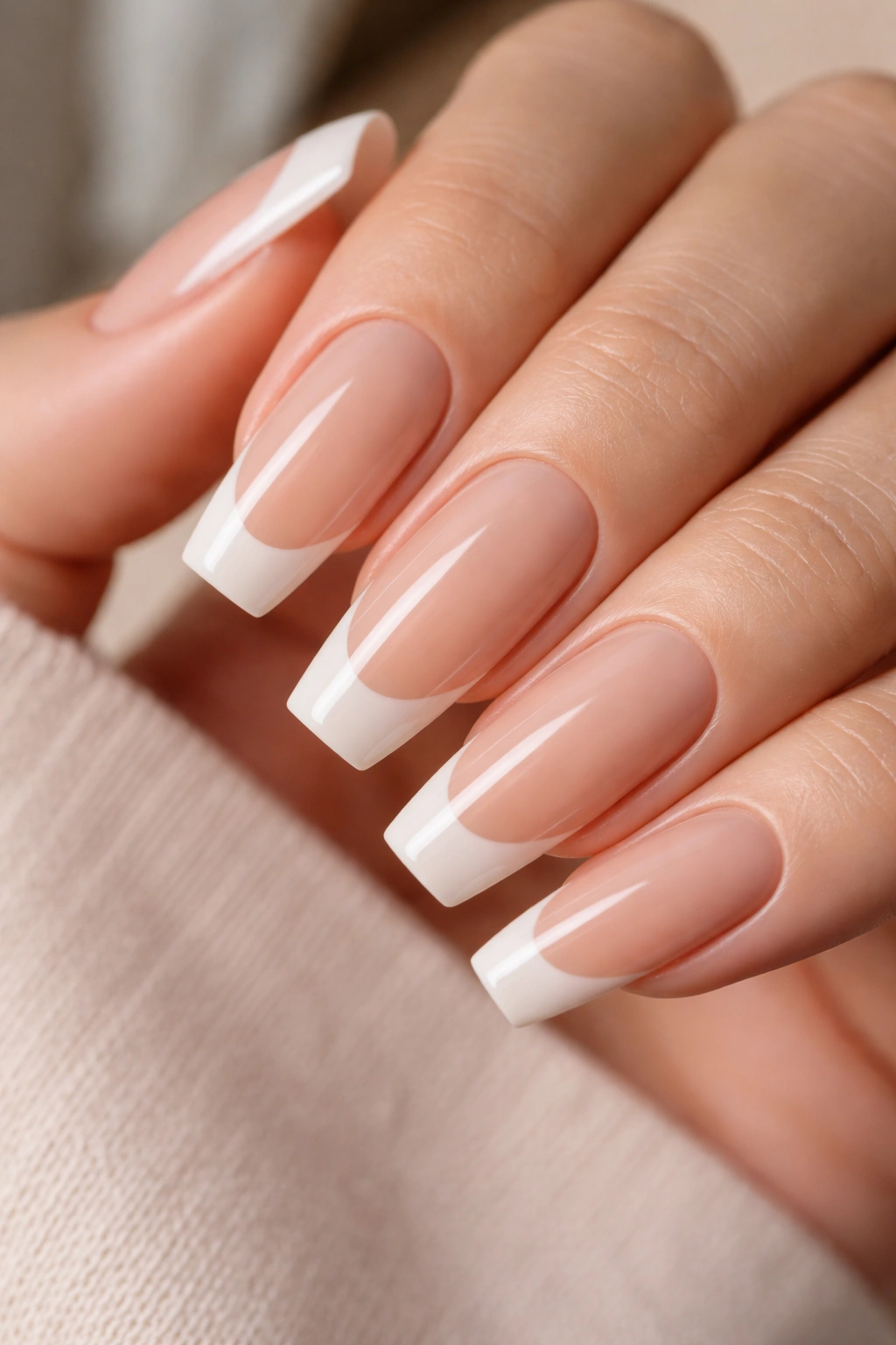 Latte nude base with soft off-white tips on ballerina nails