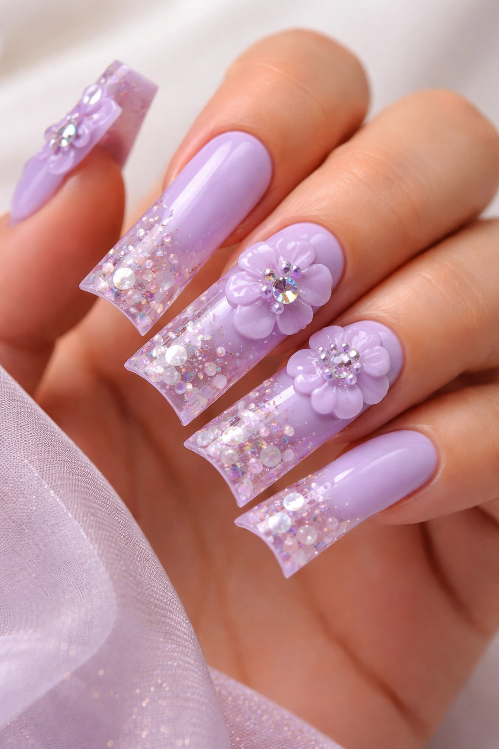 Lavender nails with 3D flower embellishments