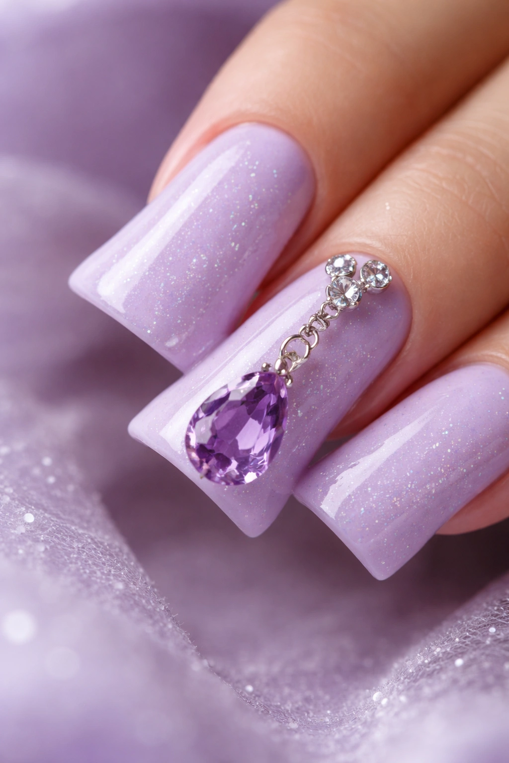 Lavender duck nails with purple amethyst charm.