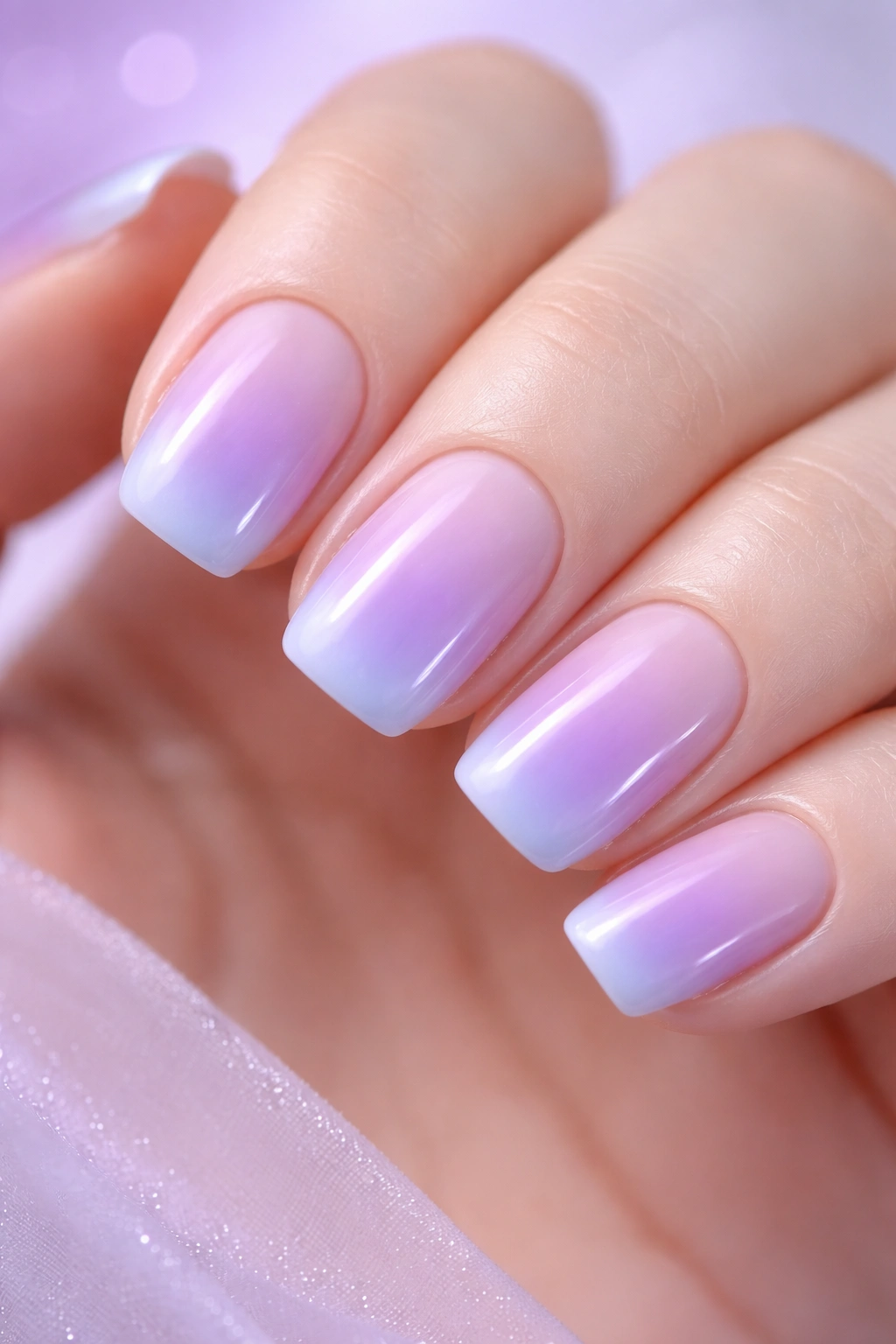 Close-up of short squoval nails with lavender and blue aura gradient