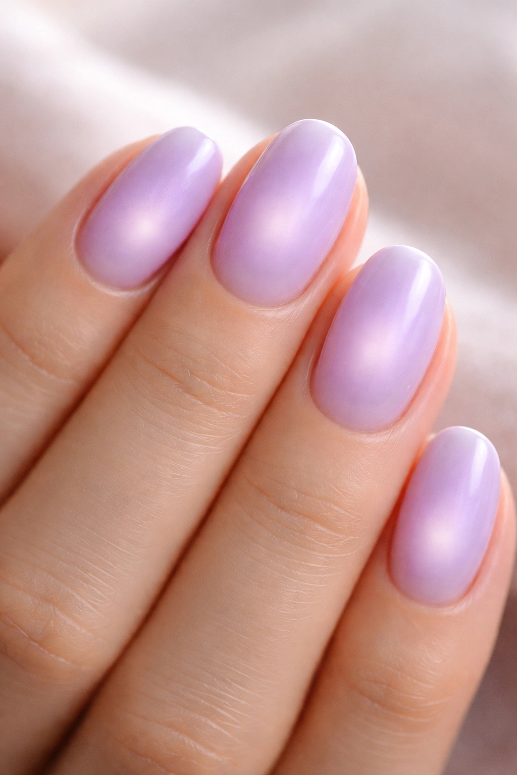 Lavender aura nails with center glow fading to edges on short oval nails