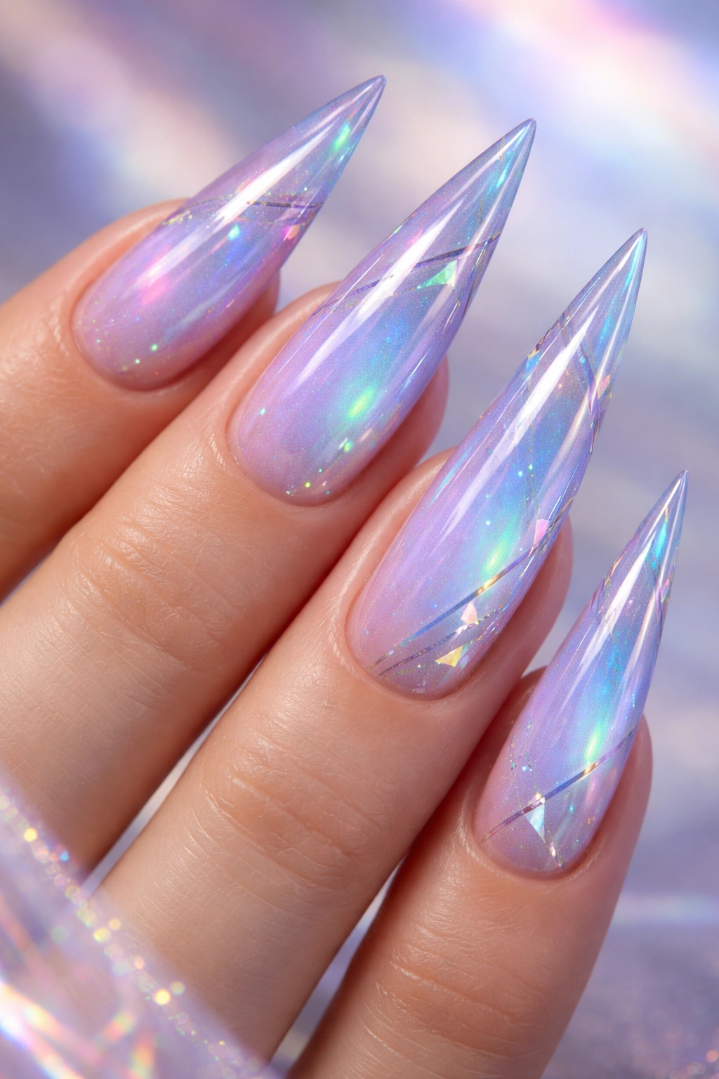 Close-up of lavender-to-blue aura nails with holographic foil accents on stiletto shapes