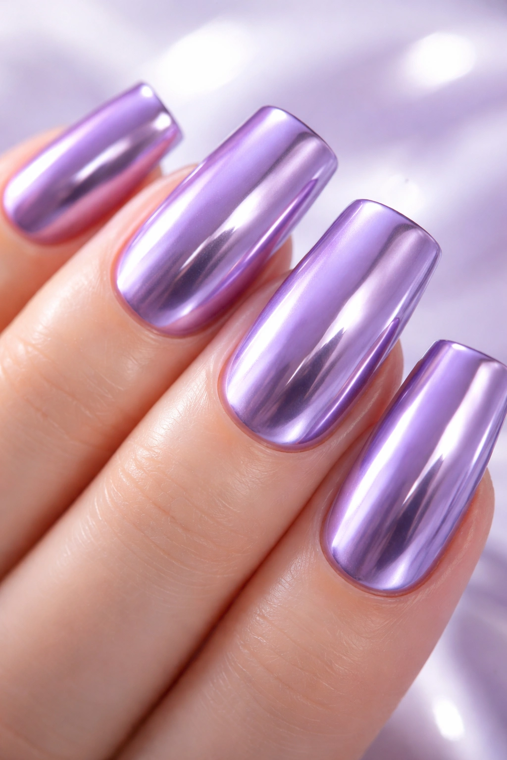Lavender nails with chrome finish reflecting light