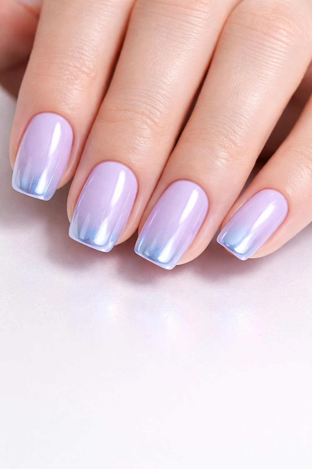 Soft lavender nails with subtle chrome gradient at tips