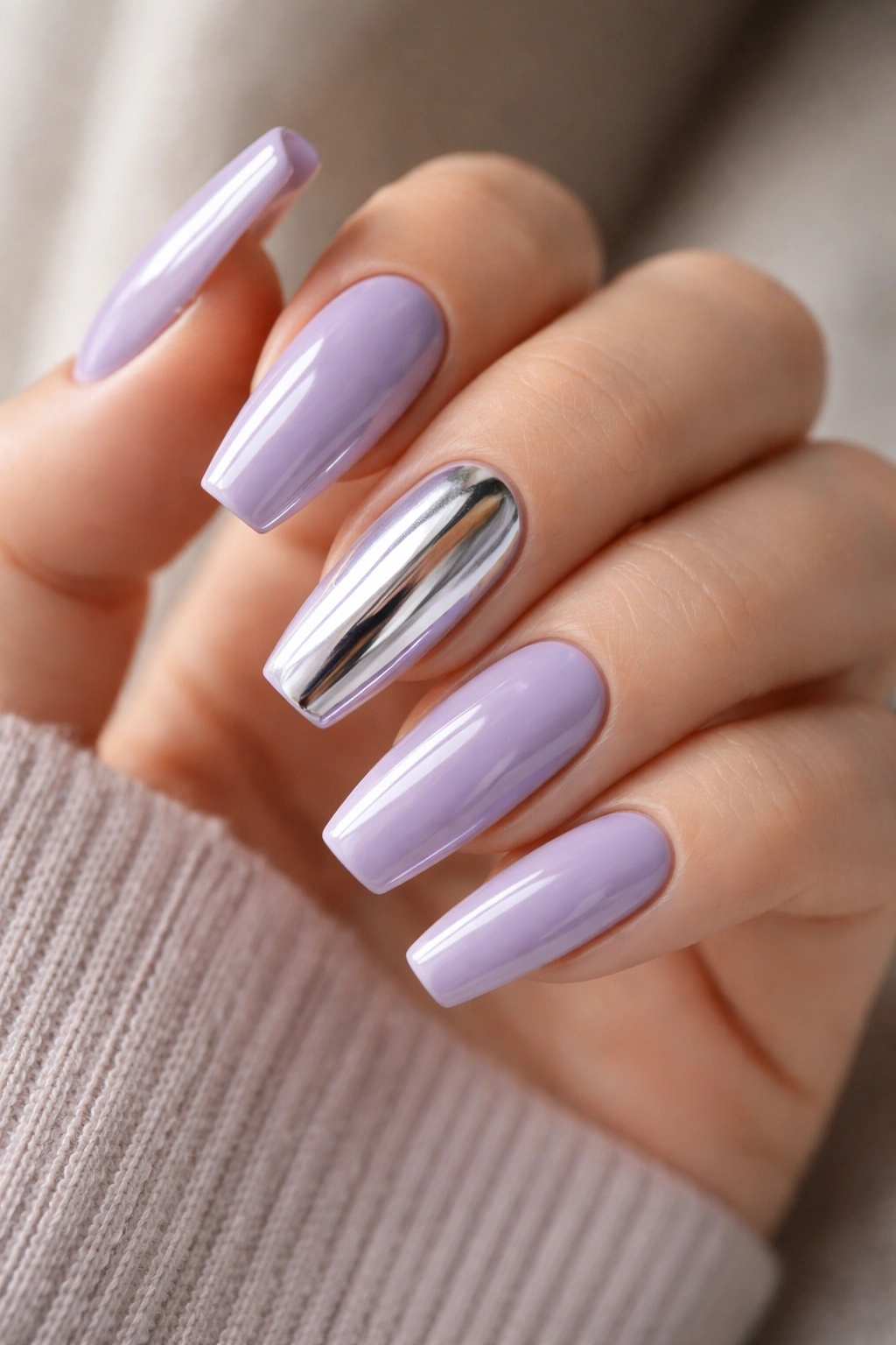 Lavender nails with chrome accent in minimalist design