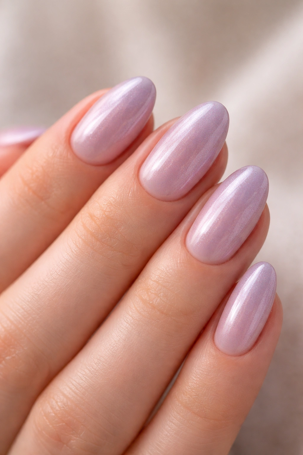 Close-up of short almond nails with lavender chrome on a sheer base