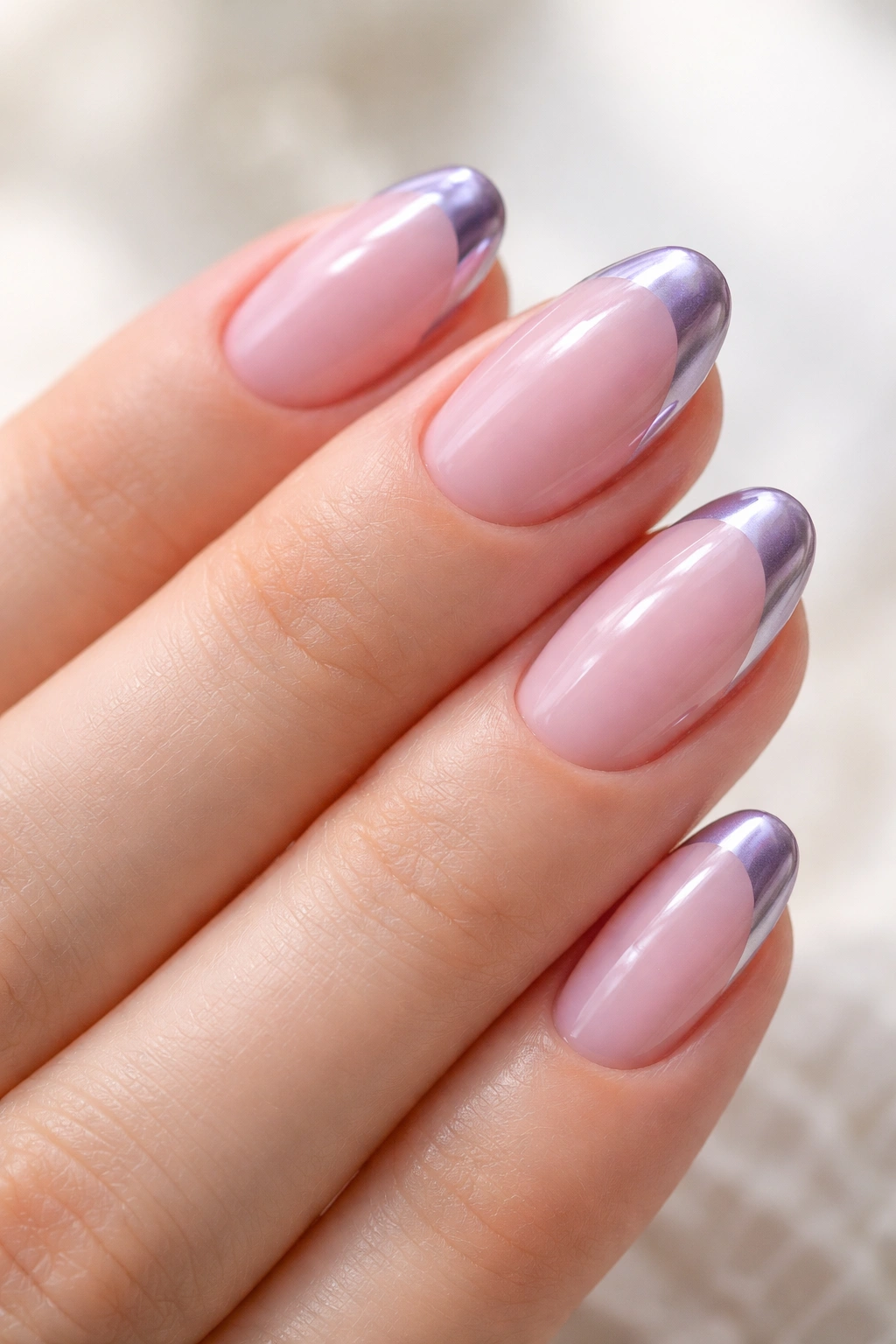 Close-up of short oval nails with lavender chrome tips on a pale pink base.