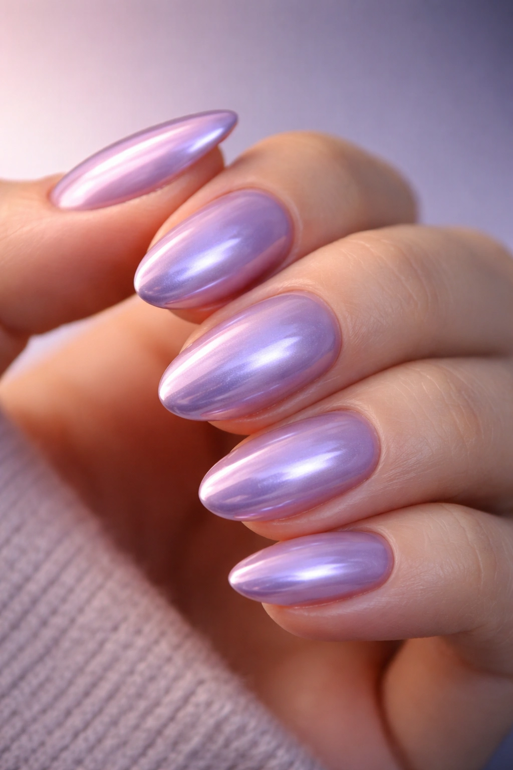 Close-up of a short almond nail with lavender chrome showing color shift from lilac to violet