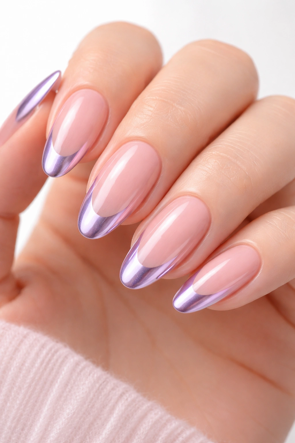 Lavender chrome French tips on nails with sheer pink base in a studio