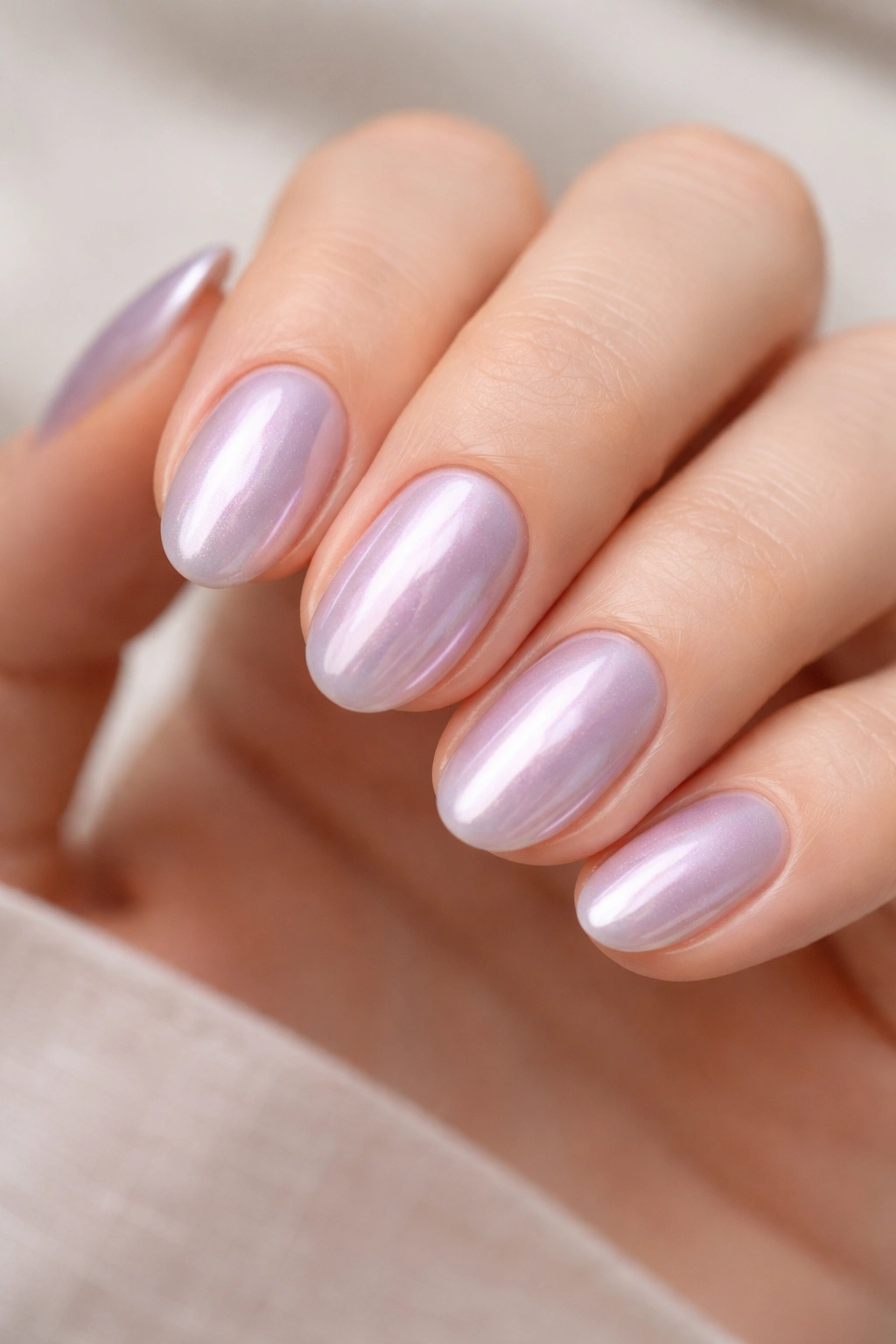 Close-up of short lavender chrome nails with sheer base on oval shape