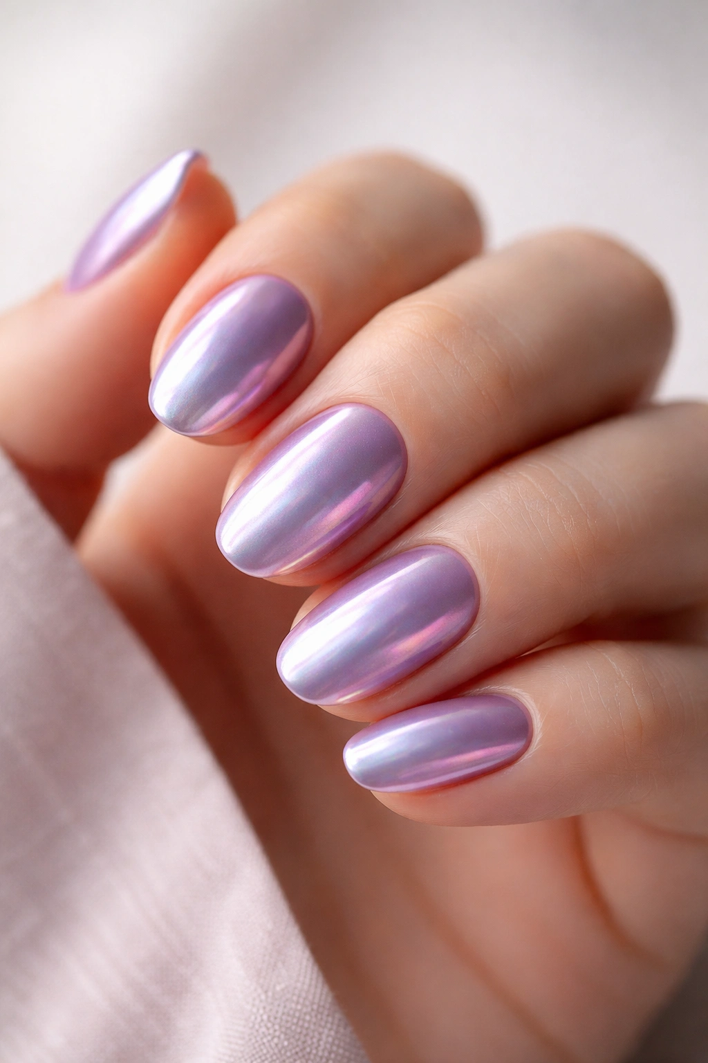 Close-up of short oval nails with lavender chrome on sheer violet base, soft iridescence