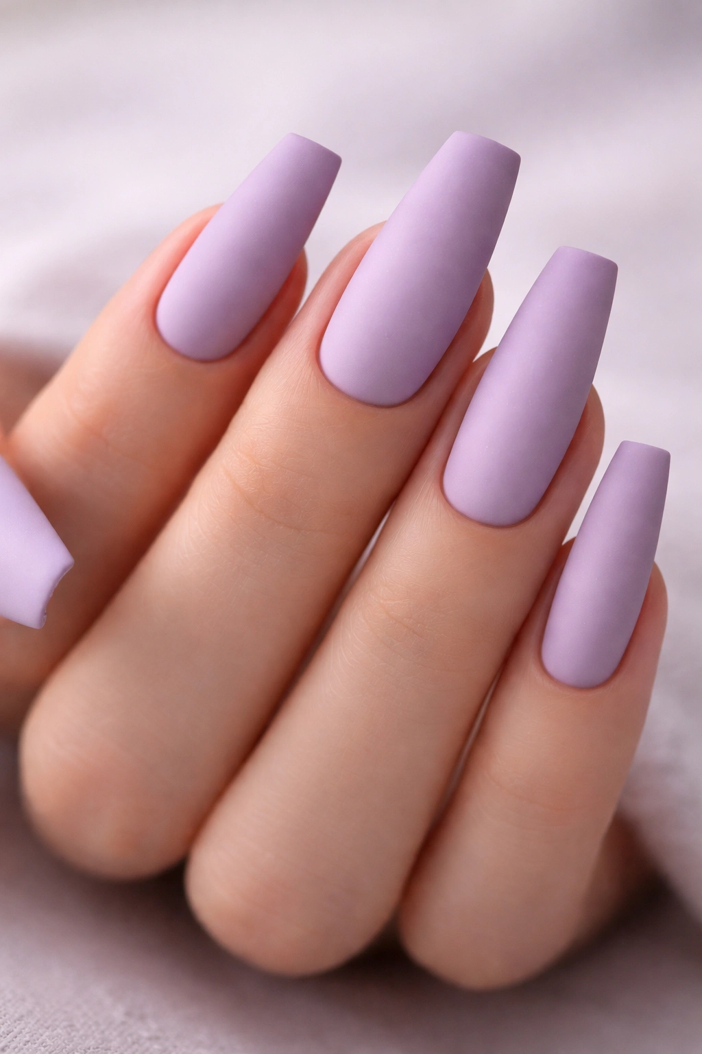Close-up of long coffin nails in soft lavender with matte finish