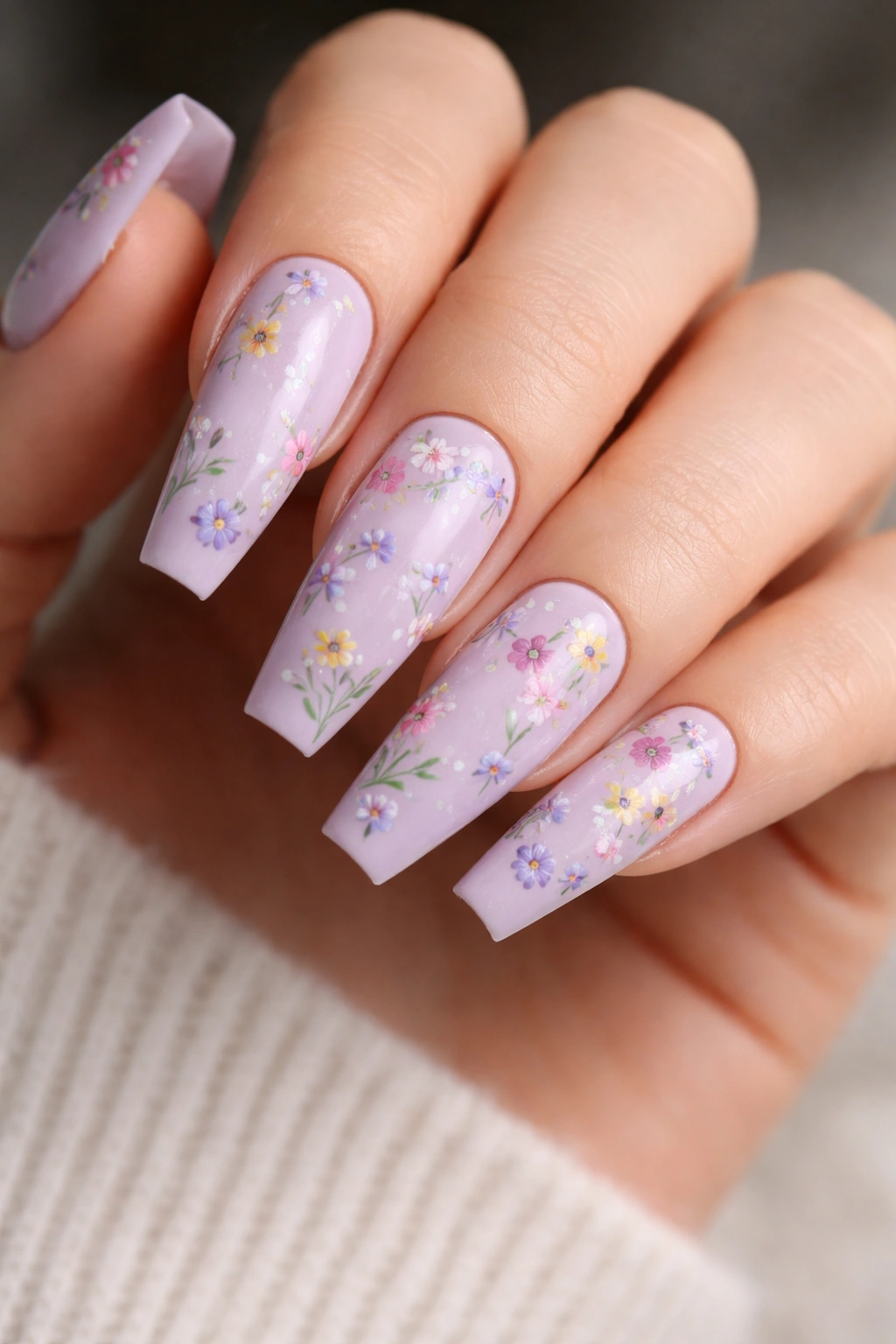 Close-up of lavender coffin nails with tiny wildflowers hand-painted