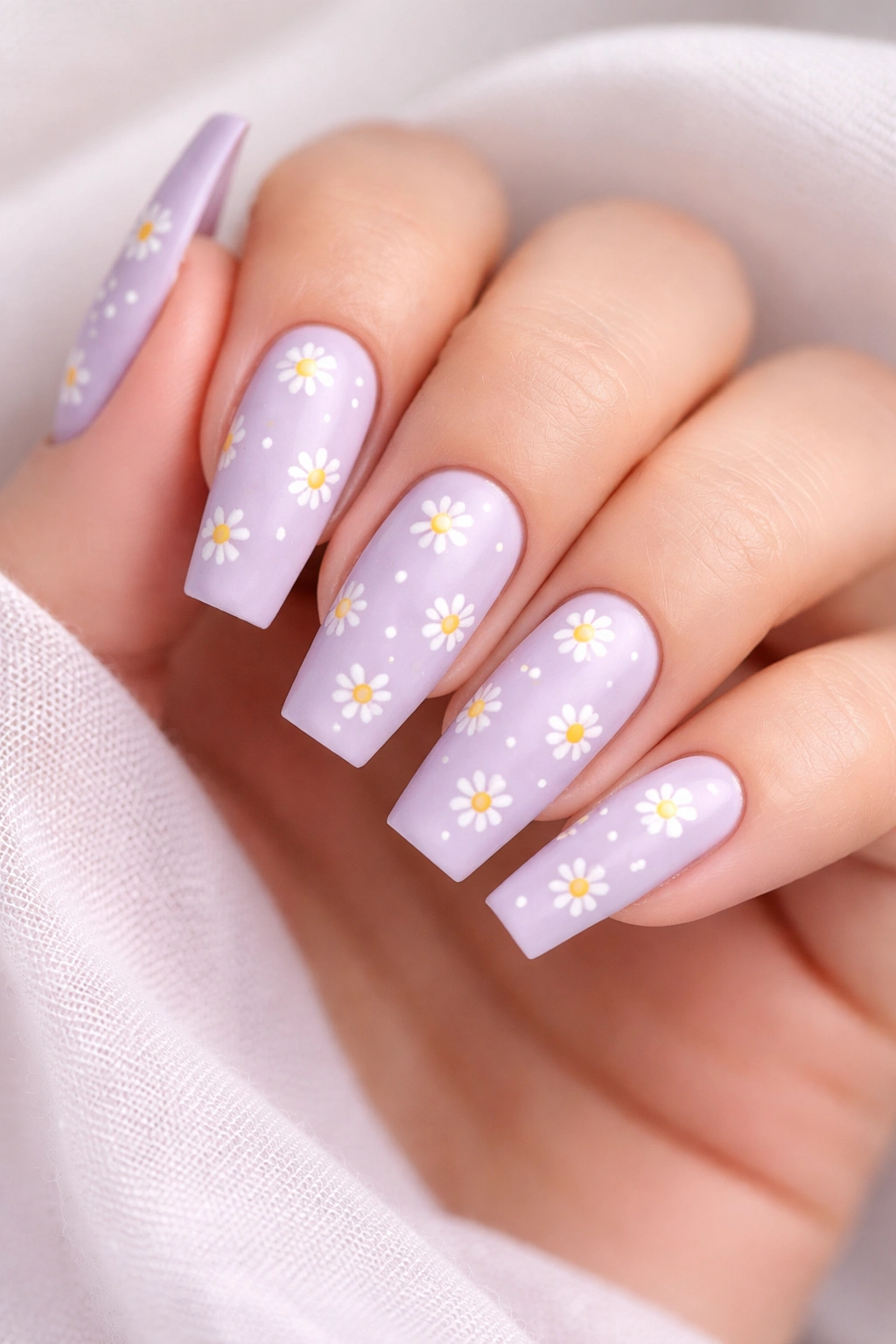 Close-up of lavender coffin nails with tiny white daisies