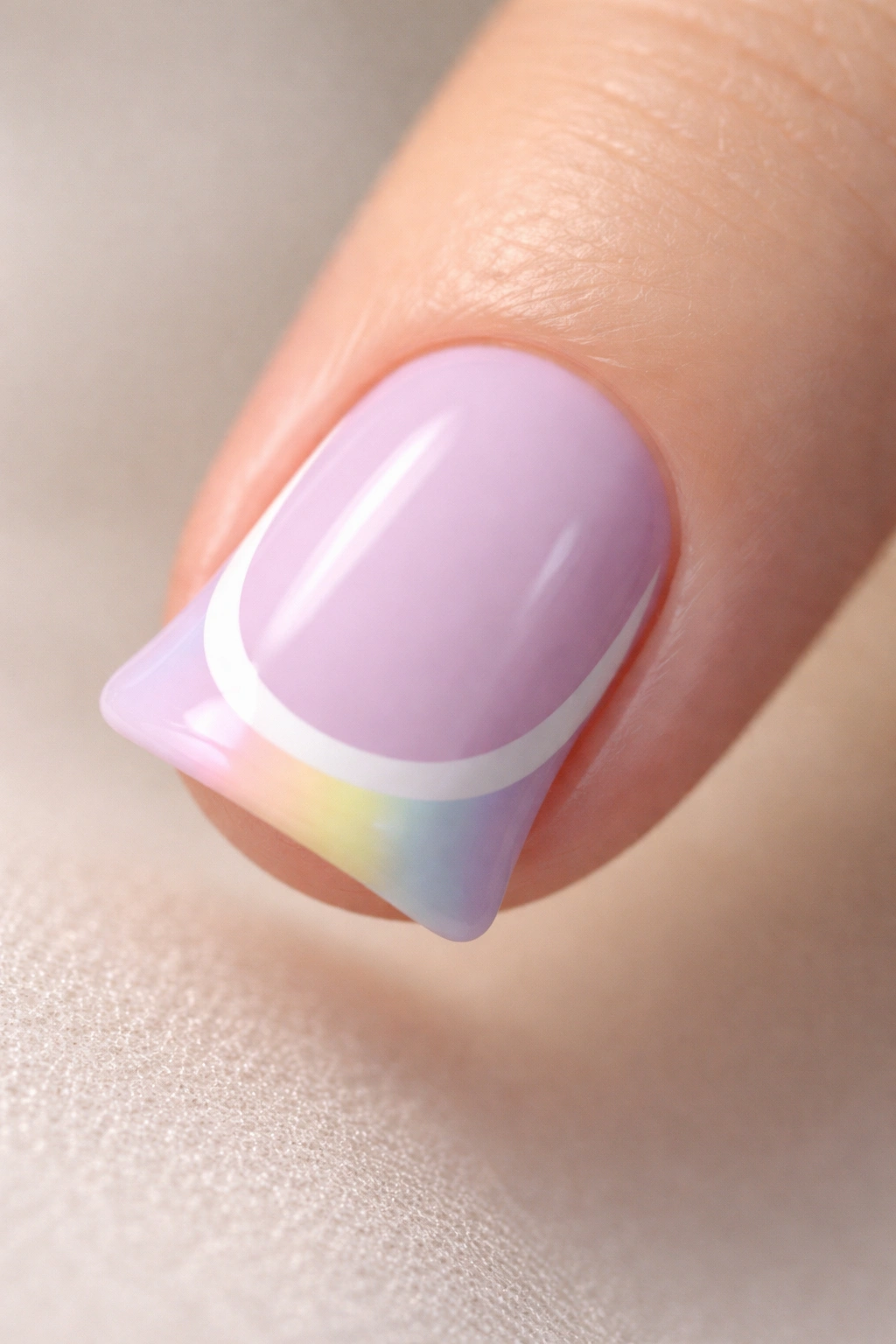 Close-up of a short nail with lavender base, white curved smile line in the duck tip, and a tiny pastel rainbow at the tip.