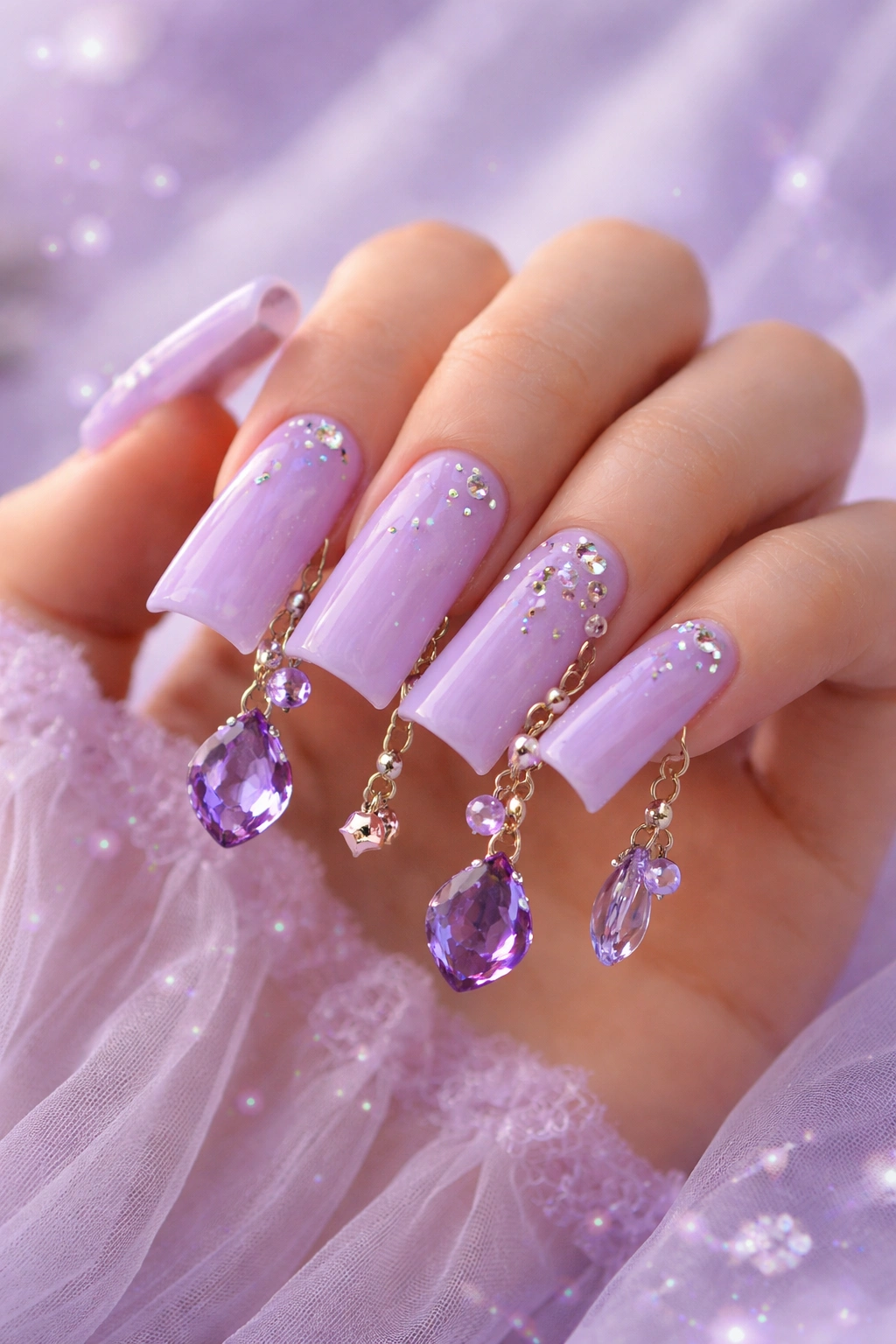 Close-up of soft lavender duck nails with purple amethyst charms