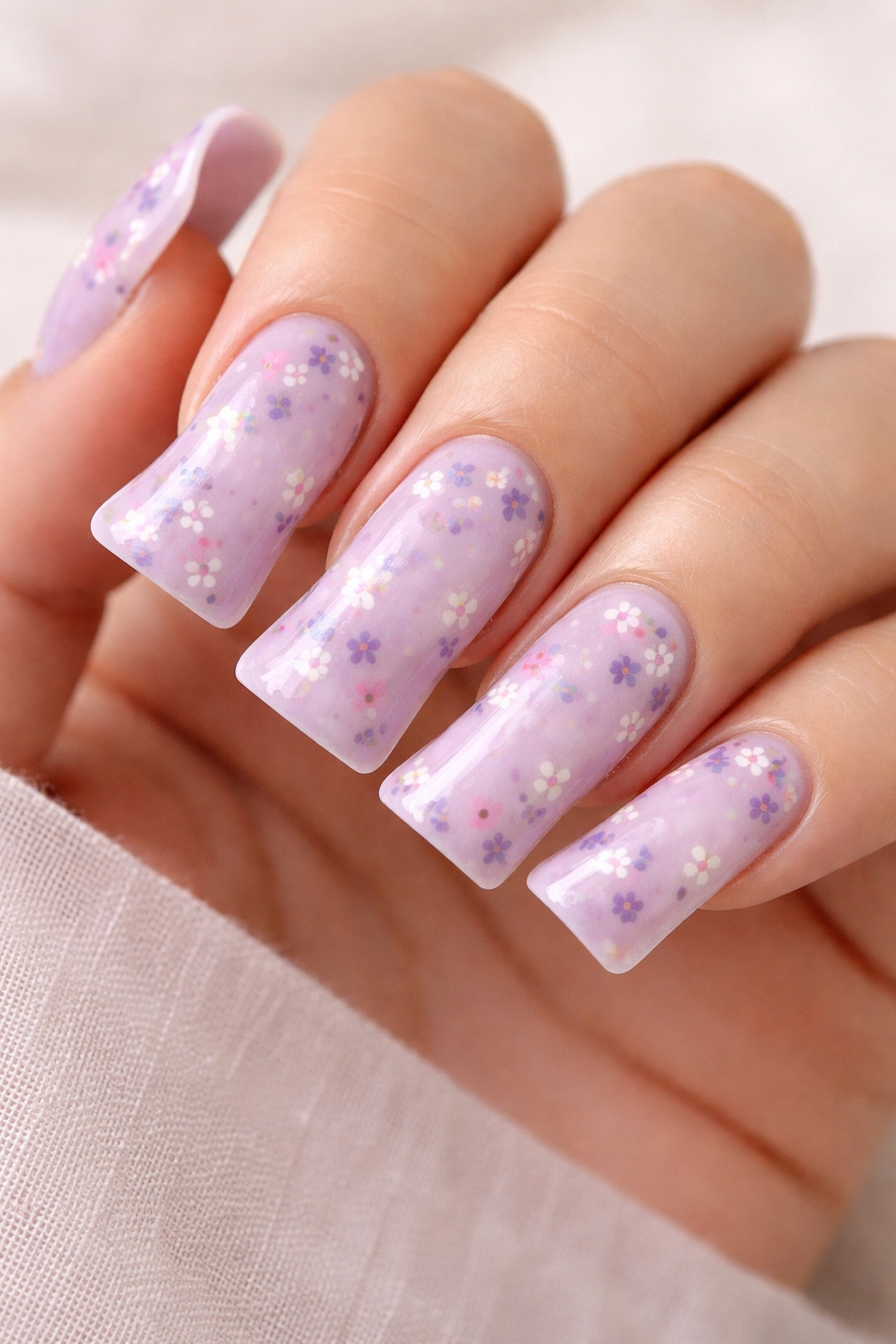 Close-up of Lavender Purple Duck Nails with Scattered Blooms showing tiny florets on lavender nails