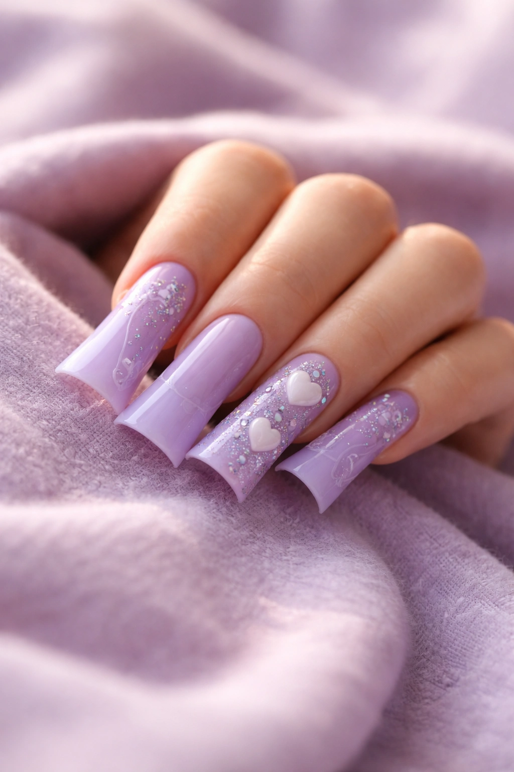 Close-up of lavender duck nails in a calm editorial pose