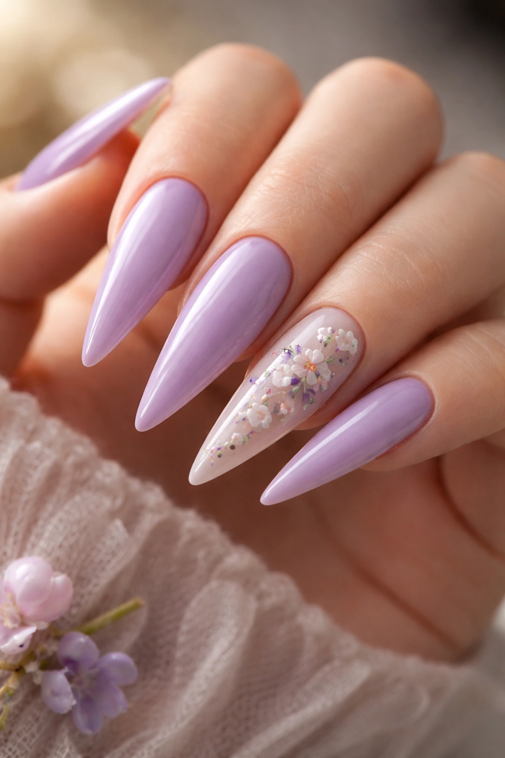 Lavender nails with tiny hand-painted florals