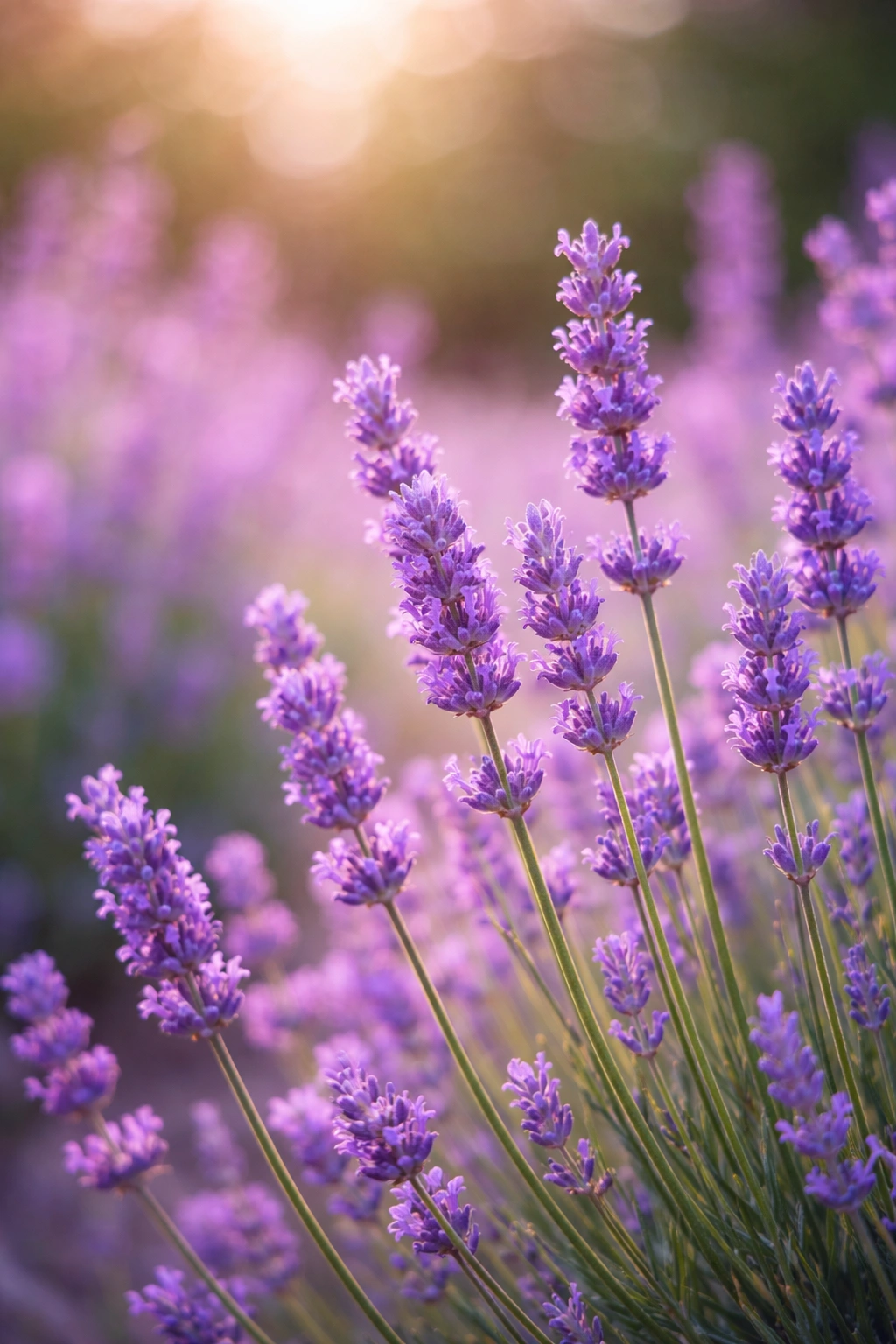 Close-up of lavender flowers in bloom with purple hues in a sunlit garden