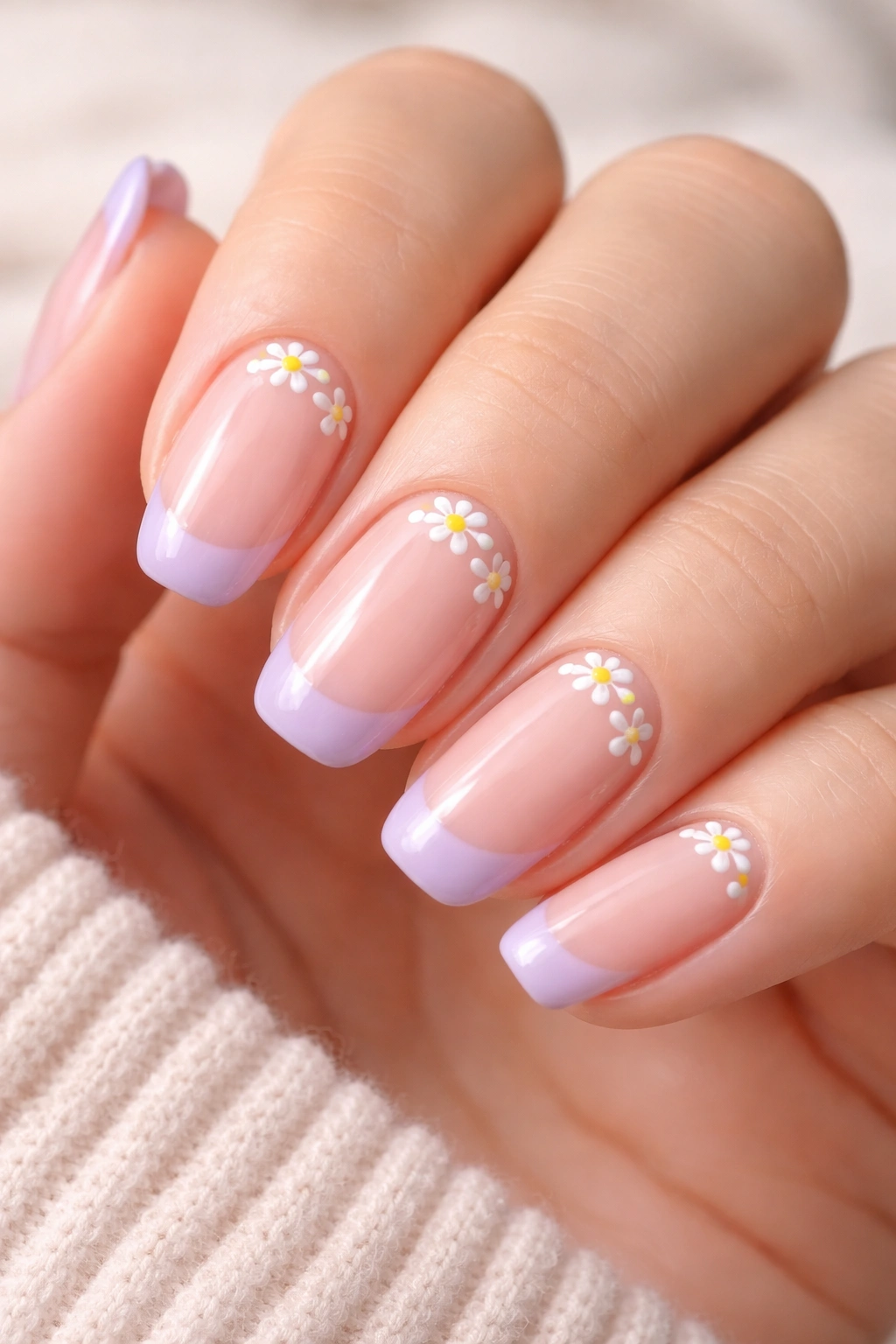 Nails with lavender French tips and tiny daisies near the cuticle